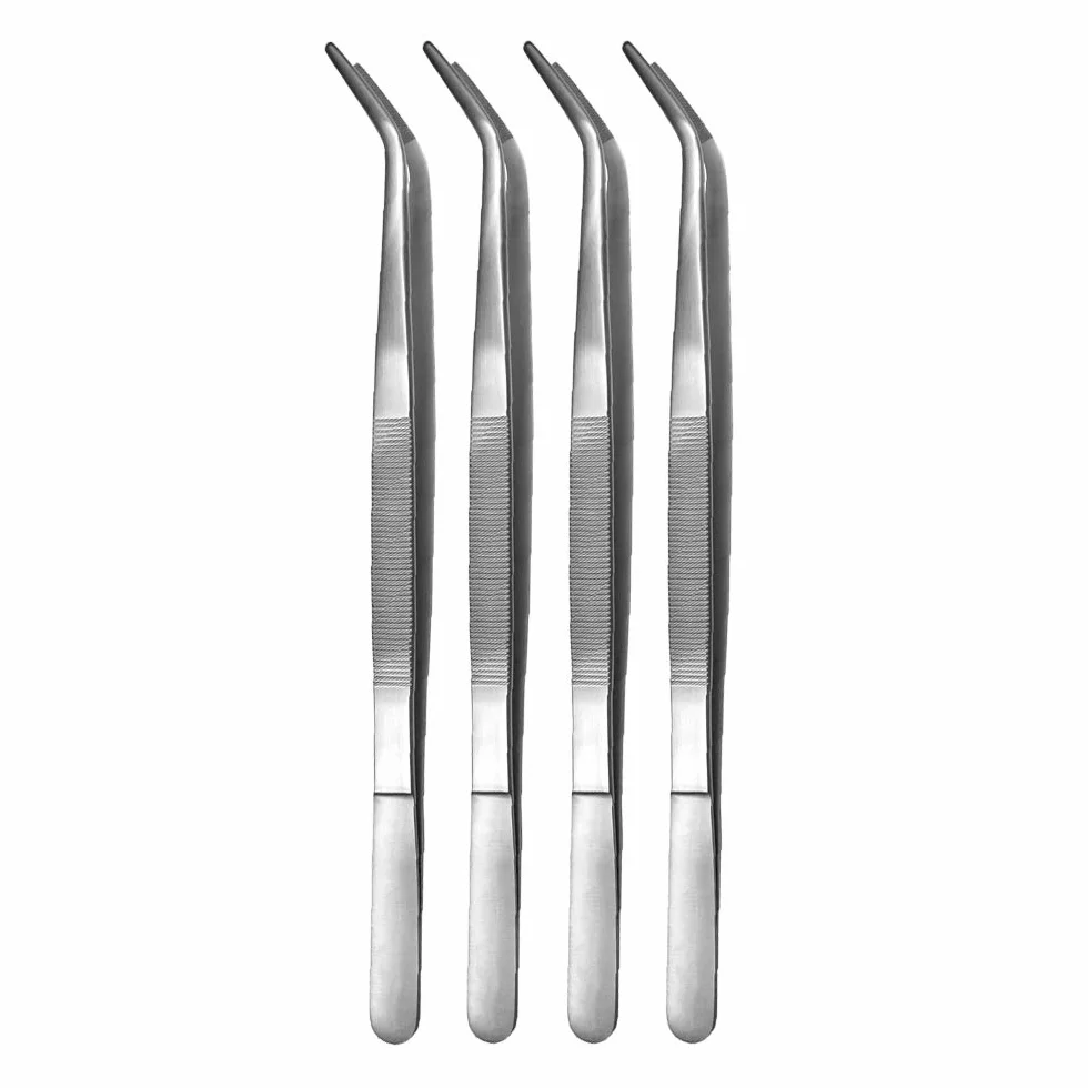 May - Zestaw – 4 x uniwersalna pęseta 35 cm – pęseta domowa – wygięta – okrągła końcówka – obrębiona wewnątrz – stal nierdzewna