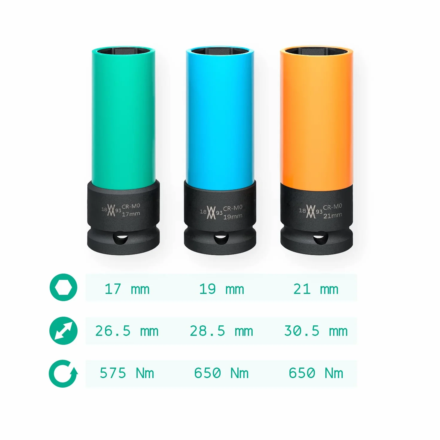 Nasadki udarowe 3 szt. do felg aluminiowych 17 mm, 19 mm, 21 mm do kluczy udarowych I Zestaw nasadek udarowych I Gniazdo udarowe I 0,5 cala I w walizce narzędziowej od WIESEMANN 1893 I 80058