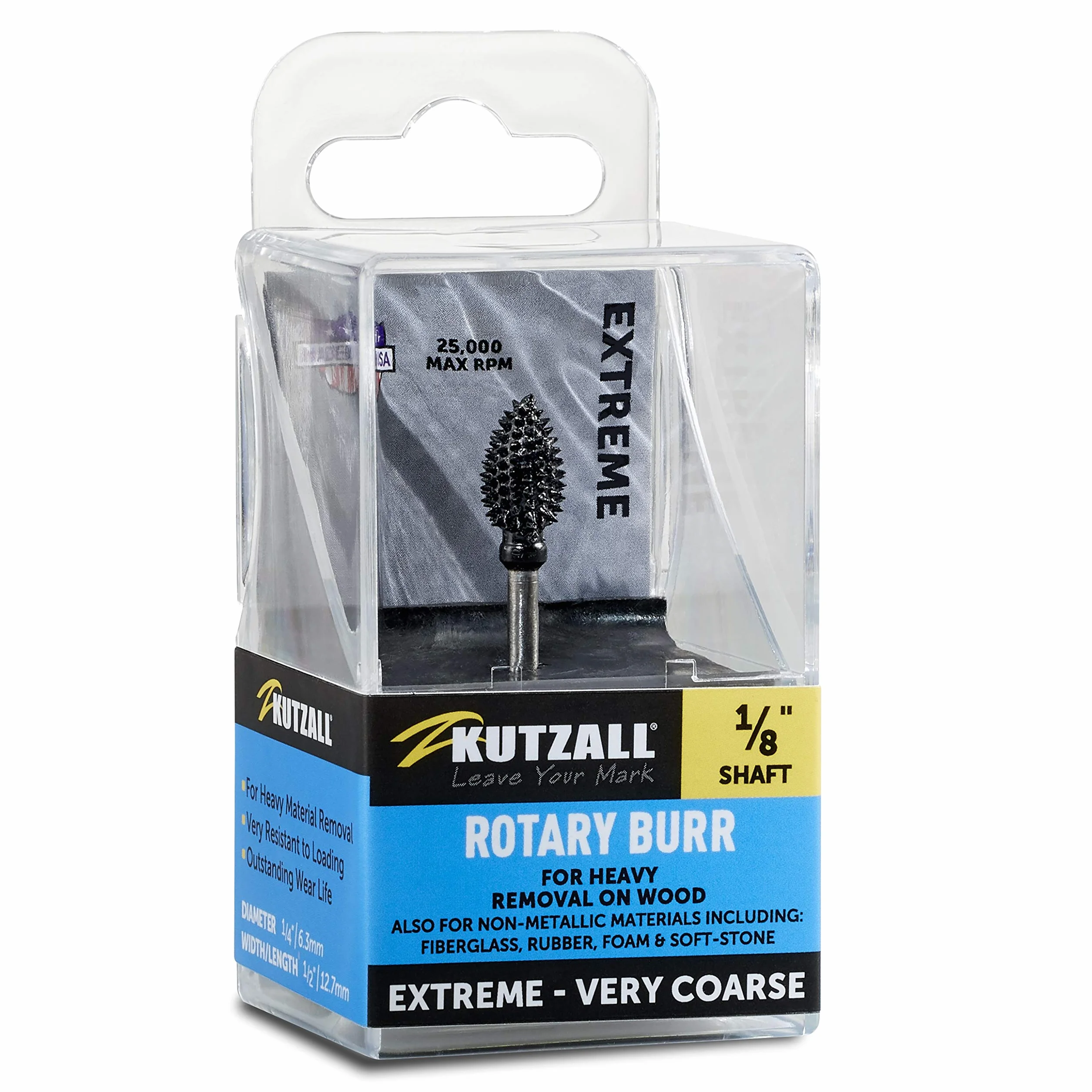 Kutzall Extreme Flame Rotary Burr, 1⁄8" Shaft, Very Coarse- Woodworking Attachment for Dremel, Foredom, DeWalt, Milwaukee. Abrasive Tungsten Carbide, 1⁄4" (6.3mm) Dia. X 1⁄2" (12.7mm) Length FLX-14-EC