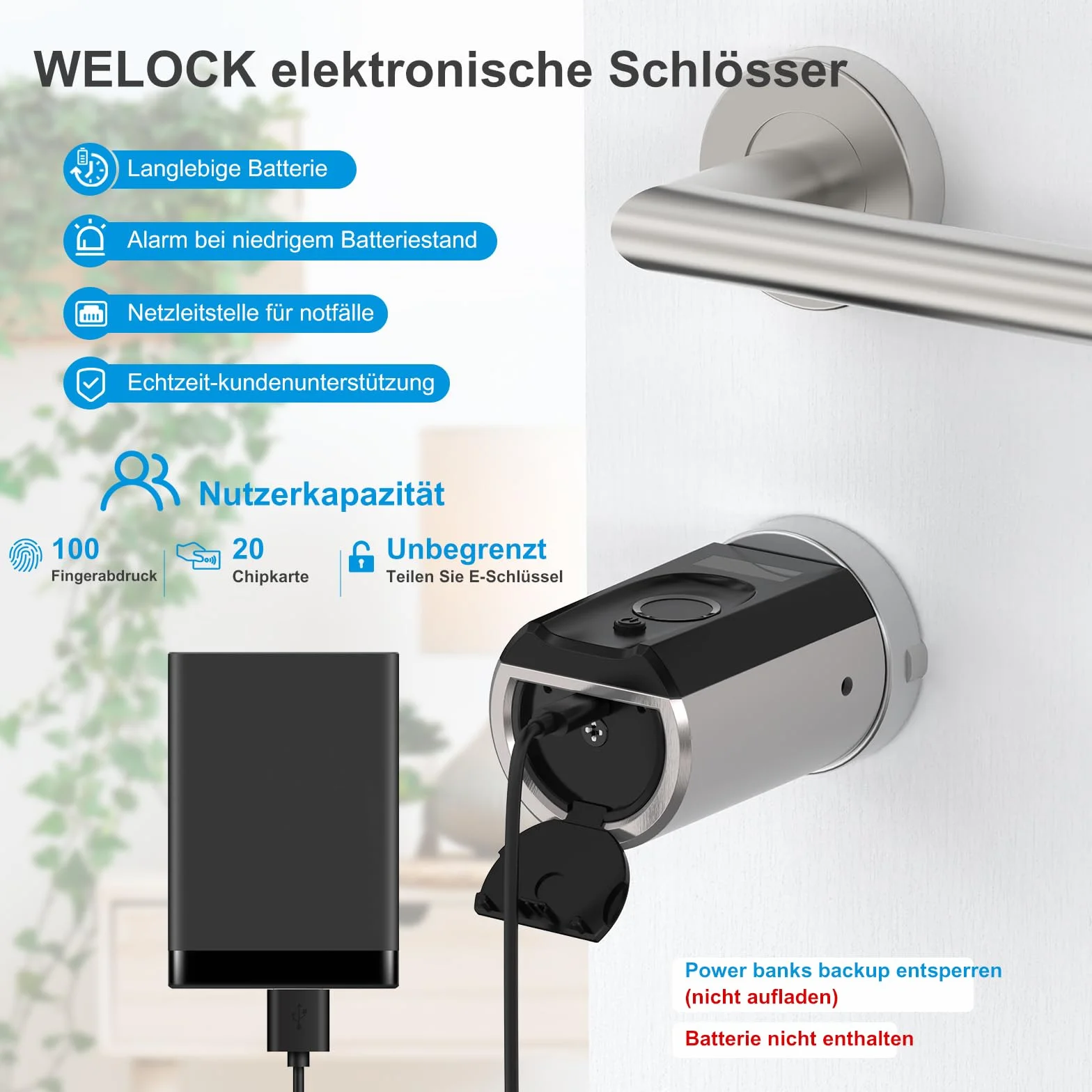 WELOCK Touch41 zamki do drzwi elektroniczne z odciskiem palca, otwieracz wejściowy z aplikacją, karta RFID, WiFi, IP65, regulowany, 50-100 mm