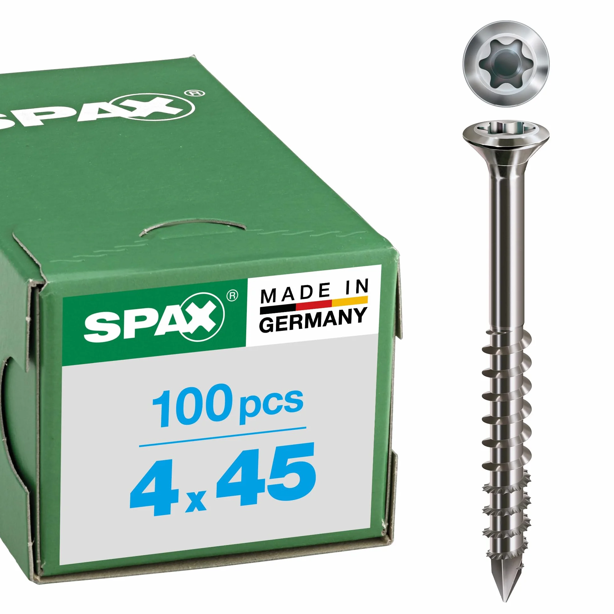SPAX Śruba fasadowa ze stali nierdzewnej A2, 4,0 x 45 mm, 100 sztuk, T-STAR plus, bardzo mała głowica stożkowa soczewki, gwint częściowy, końcówka CUT, 0467000400453