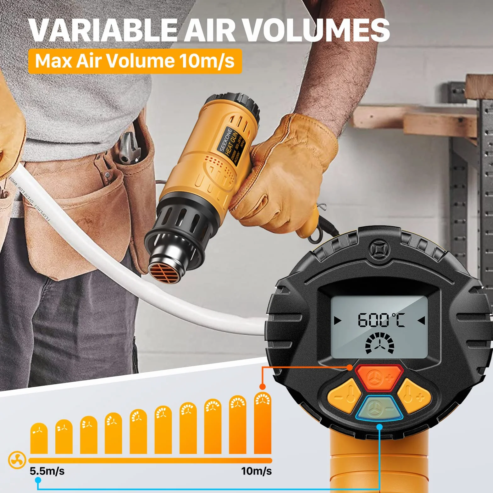 SEEKONE Profesjonalna opalarka 2000 W 50 ℃ - 600℃ z dużym cyfrowym wyświetlaczem LCD Zestaw przemysłowych pistoletów na gorące powietrze, regulacja temperatury, pamięć włączania, konwersja