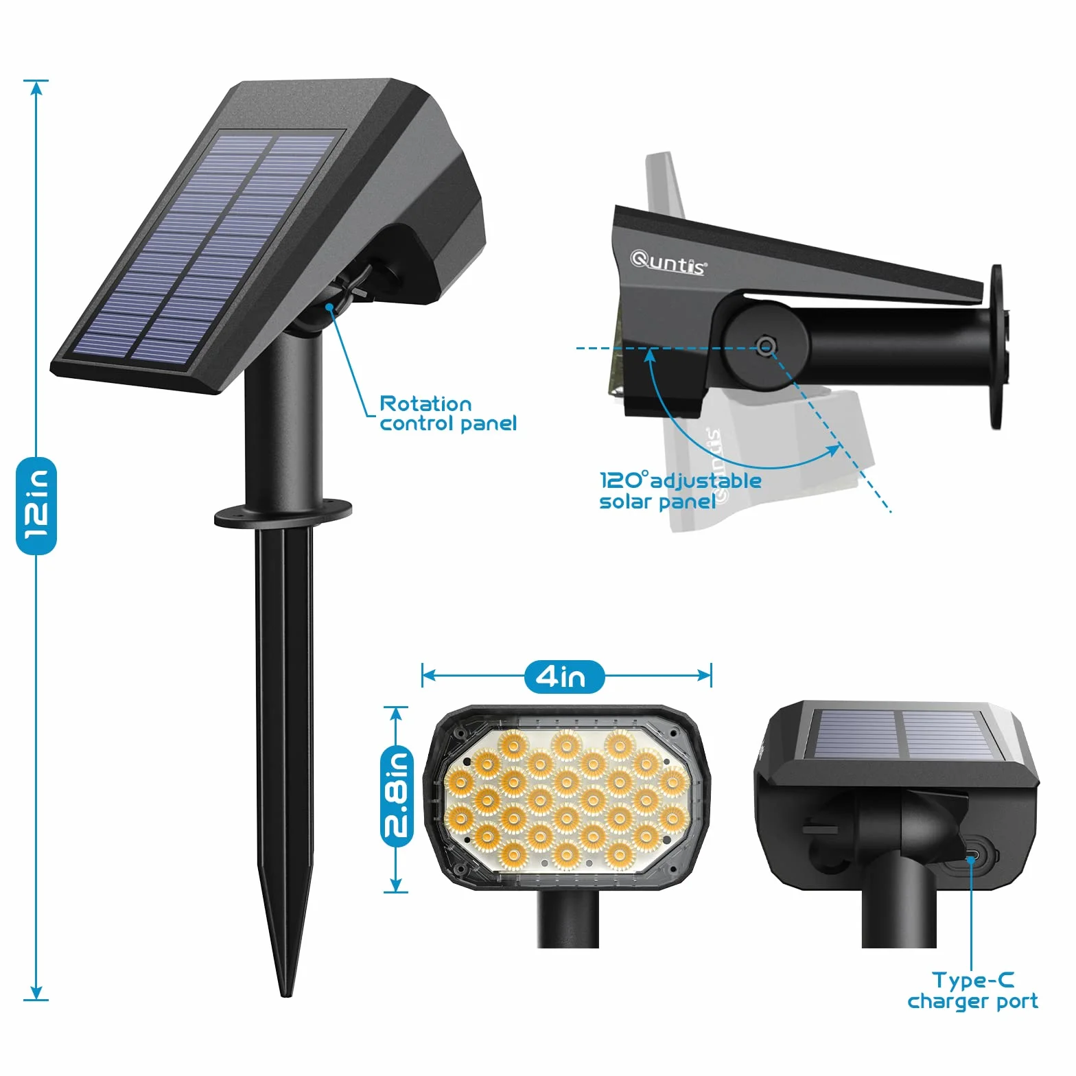 Quntis 4 szt. zewnętrzne lampy solarne LED IP65 wodoodporne, reflektor słoneczny na zewnątrz, lampa oświetlająca ścieżkę do ogrodu Podjazd Garaż Taras Podwórko, mocny reflektor słoneczny