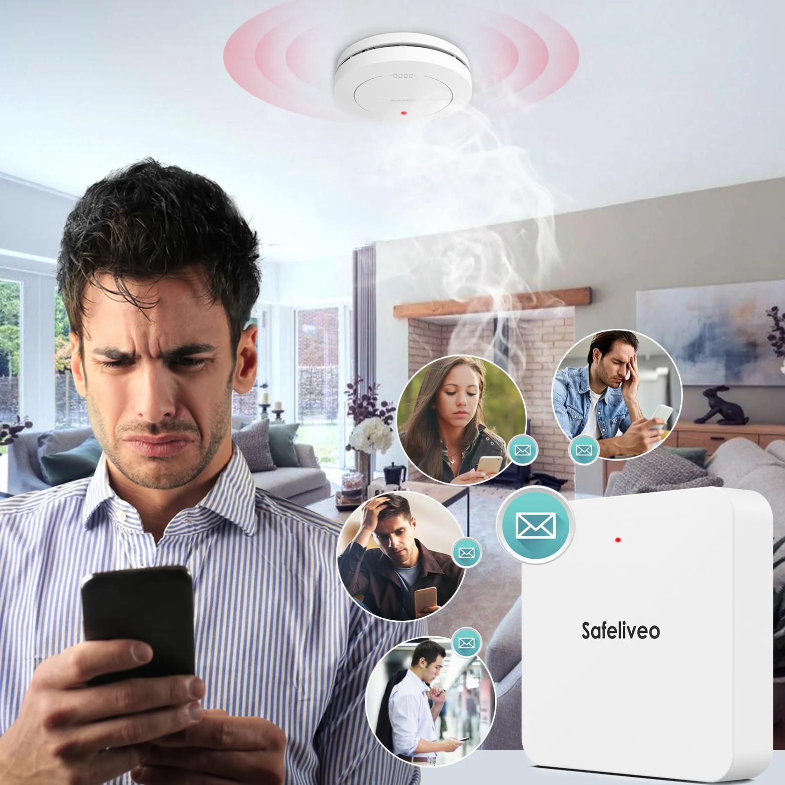 Safeliveo Czujka dymu WiFi z 10-letnią baterią, czujnik dymu, zestaw 2 szt. ze stacją bazową, certyfikat TUV Rheinland, zestaw alarmu dymu ze sterowaniem za pomocą aplikacji