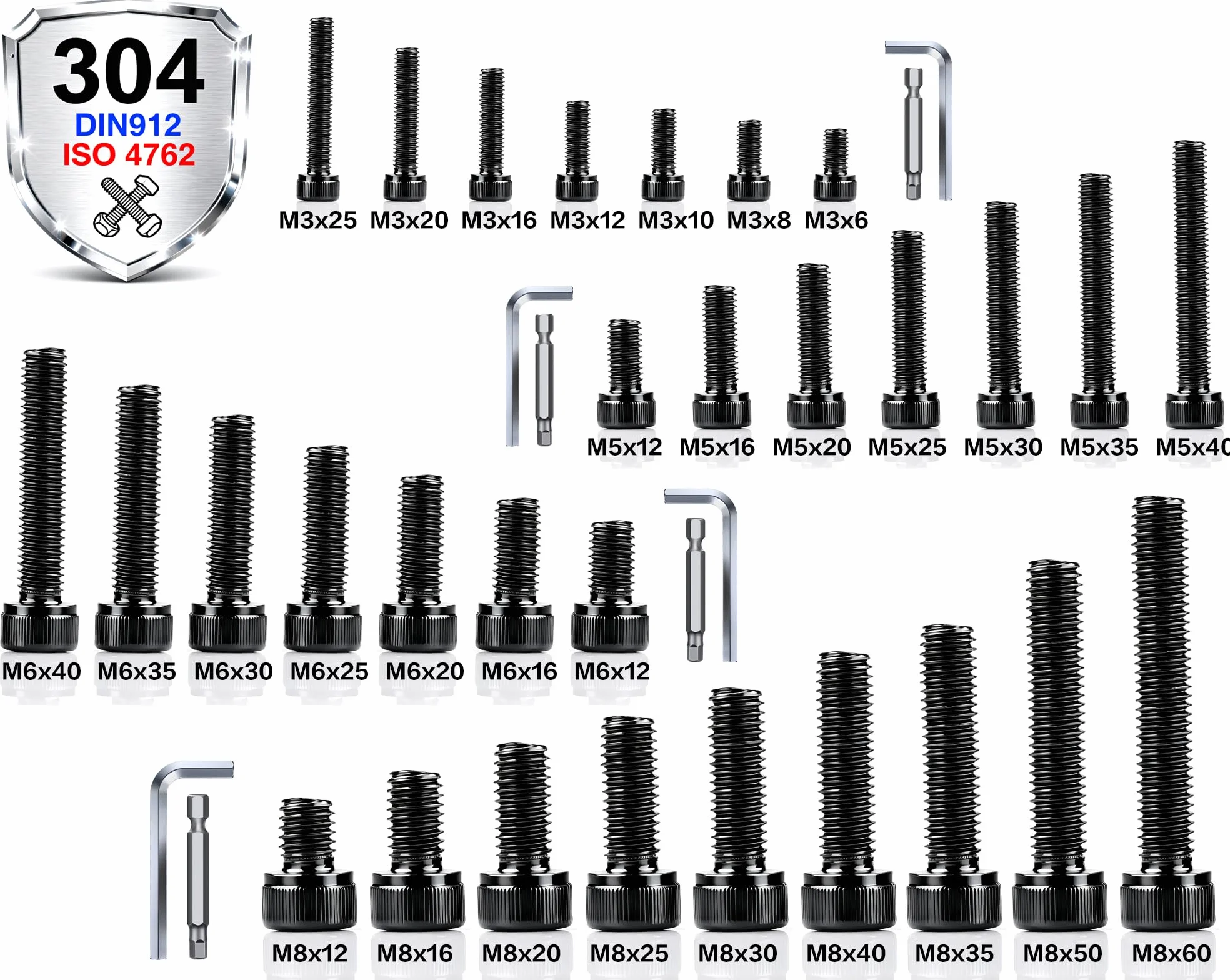 Śruby z łbem walcowym M3 x 20 mm ze stali nierdzewnej z gniazdem sześciokątnym, 50 szt. śrub z łbem cylindrycznym DIN 912/ISO 4762, śruba imbusowa, czarna, A2 V2A, śruby sześciokątne do