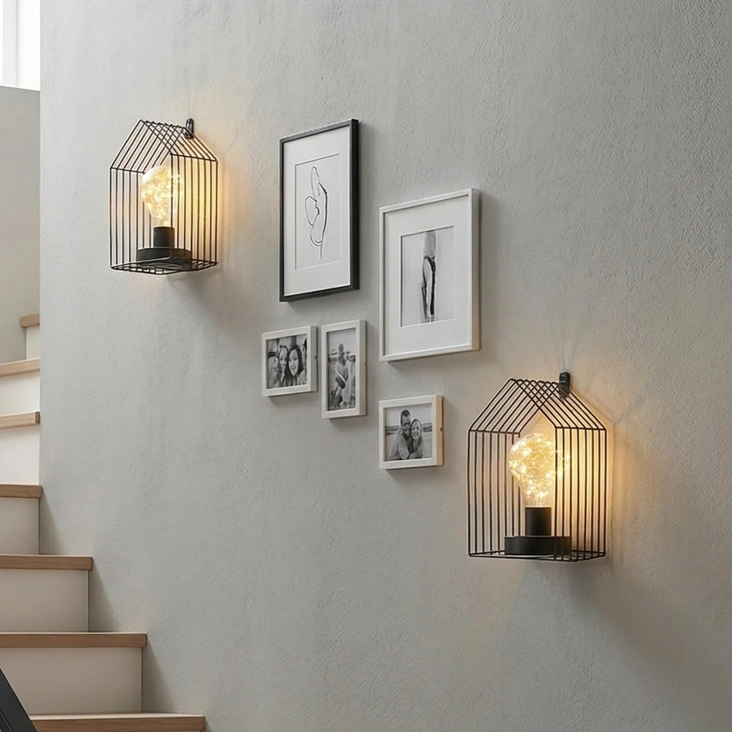 JHY DESIGN Zestaw 2 lamp na baterie 18 cm wys. vintage kinkiet metalowa klatka wisząca bezprzewodowa lampa ścienna z 6-godzinnym timerem