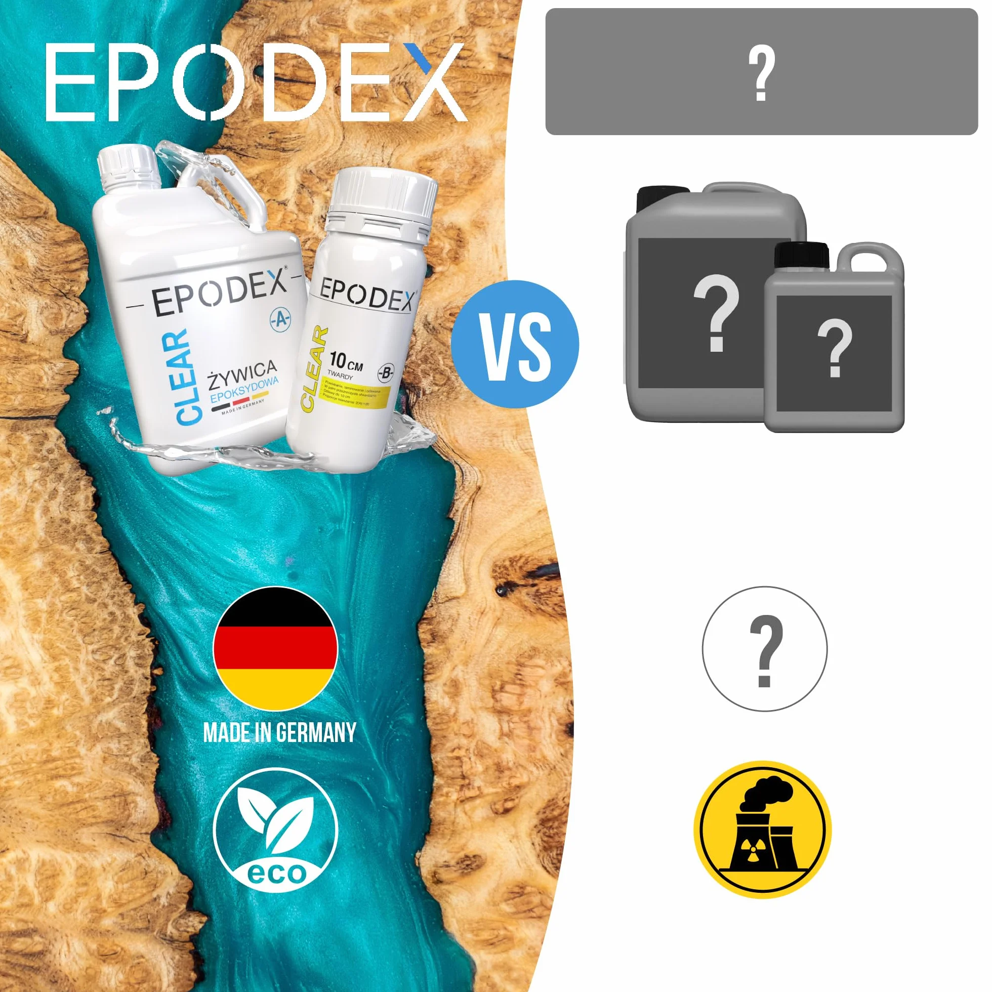 EPODEX Zestaw Żywicy Epoksydowej ECO MAX | Przezroczysta do zalewów do 10cm | Z pigmentami lub bez | Do stołów typu river table, lamp, wysokich projektów i innych zastosowań