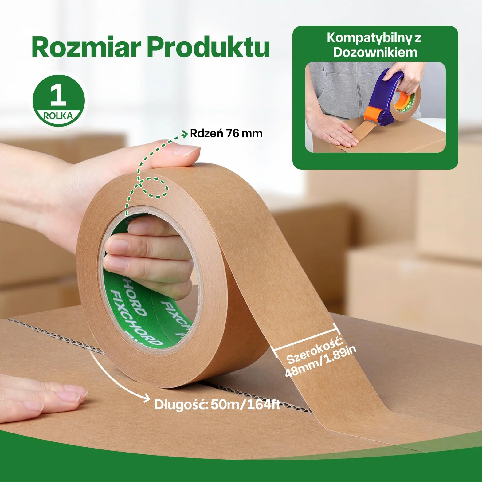 Ekologiczna Papierowa Taśma Pakowa 48mm x 50m | Przyjazny dla Środowiska i Nadający się do Recyklingu | Ekologiczna Taśma Papierowa do pakowania paczek i pudeł, przeprowadzek | 1 Rolka