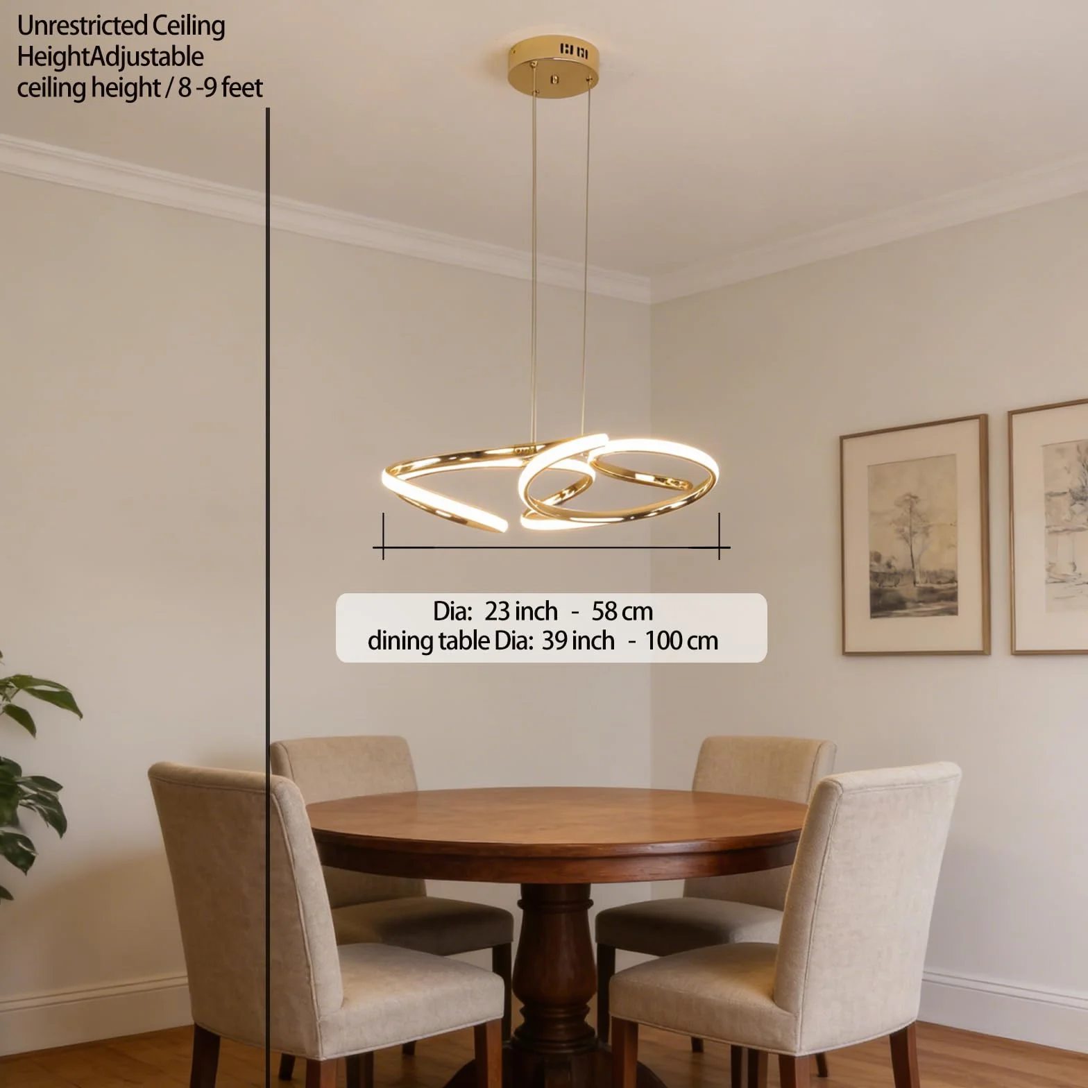 TONGCIYU Nowoczesny żyrandol do jadalni, kuchni, żyrandola i wejścia, ściemniana lampa wisząca LED o regulowanej wysokości, 32 W, do przedpokoju, salonu, sypialni, 58 cm (złoty M)