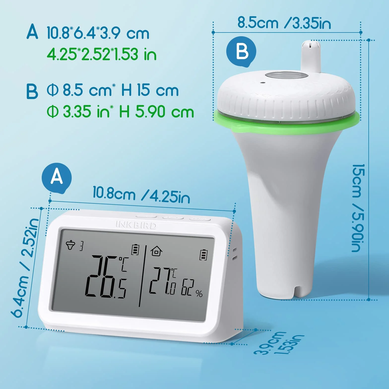 INKBIRD IBS-P02R Bezprzewodowy termometr do basenu z monitorem temperatury i wilgotności, duży ekran