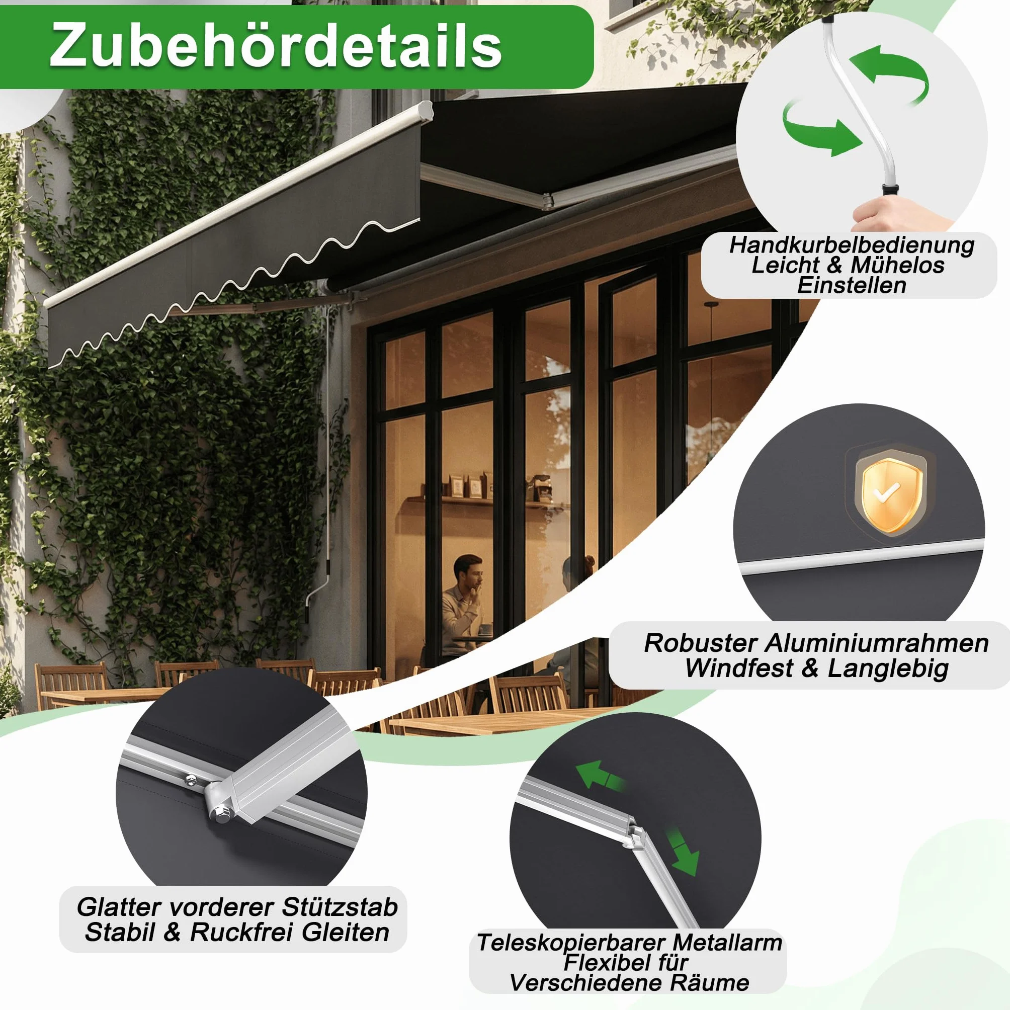 ACXIN Aluminiowa markiza przeciwsłoneczna, osłona ramienia przegubowego, markiza kasetowa, markiza balkonowa z korbą ręczną, wodoszczelna, ciemnoszara (3,6 m x 3 m)