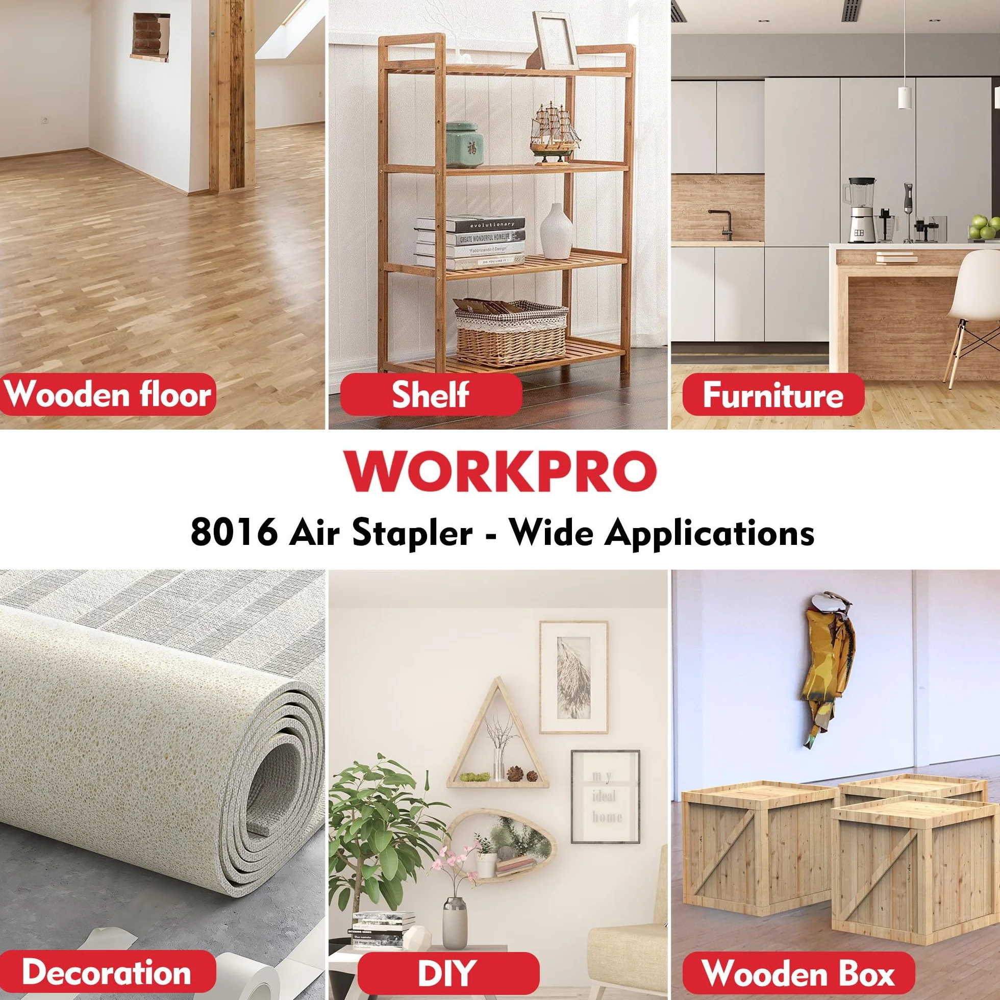 WORKPRO Gwoździarka pneumatyczna 8016, pneumatyczna strzelanka do gwoździ z 1500 zszywkami (6/10/16 mm), tylny wydech, odpowiedni do produkcji mebli i dekoracji (tylko nadaje się do spinaczy)