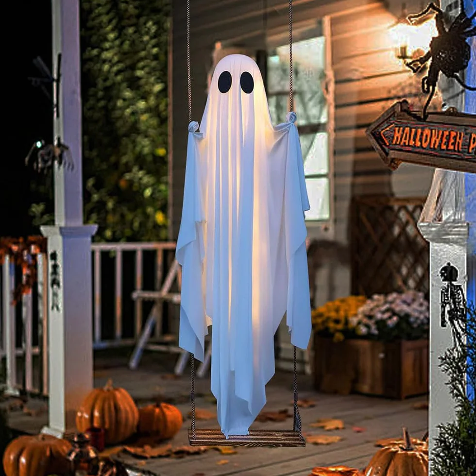 Swinging Ghost-150 cm duża wisząca huśtawka duch dekoracja na Halloween ze sznurkami świetlnymi - upiorne urocze duchy, dekoracje na przedni, ganek, podwórko, drzewo (z pilotem zdalnego sterowania)