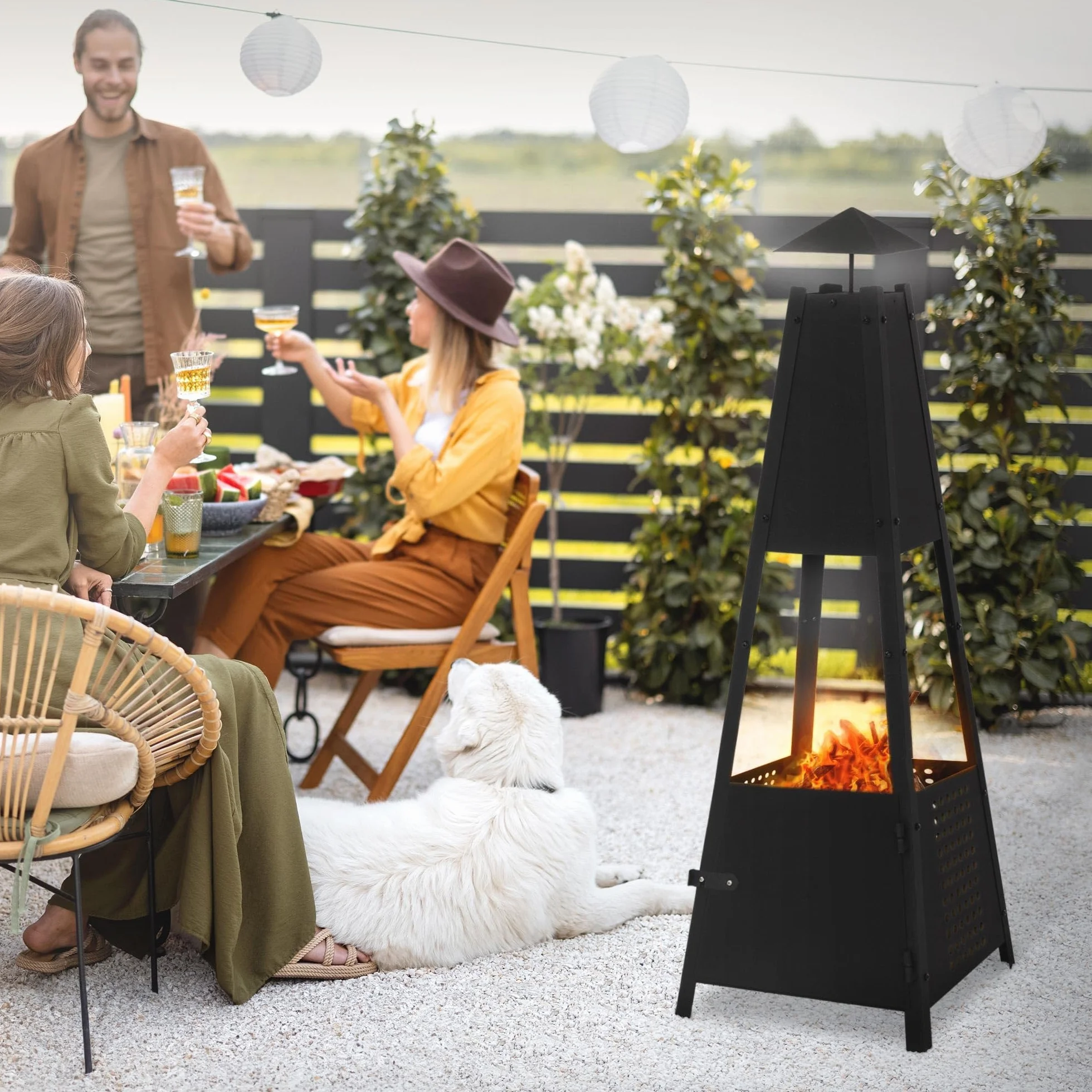 ML-Design Piramida Kominek Ogrodowy Z Kominem Wykonany Z Metalu W Kolorze Czarnym Wysokosc 100 Cm, Odporny Na Warunki Atmosferyczne Piec Ogrodowy/kominek Na Patio Jako Misa Ogniowa Lub Kosz Na Ognisko