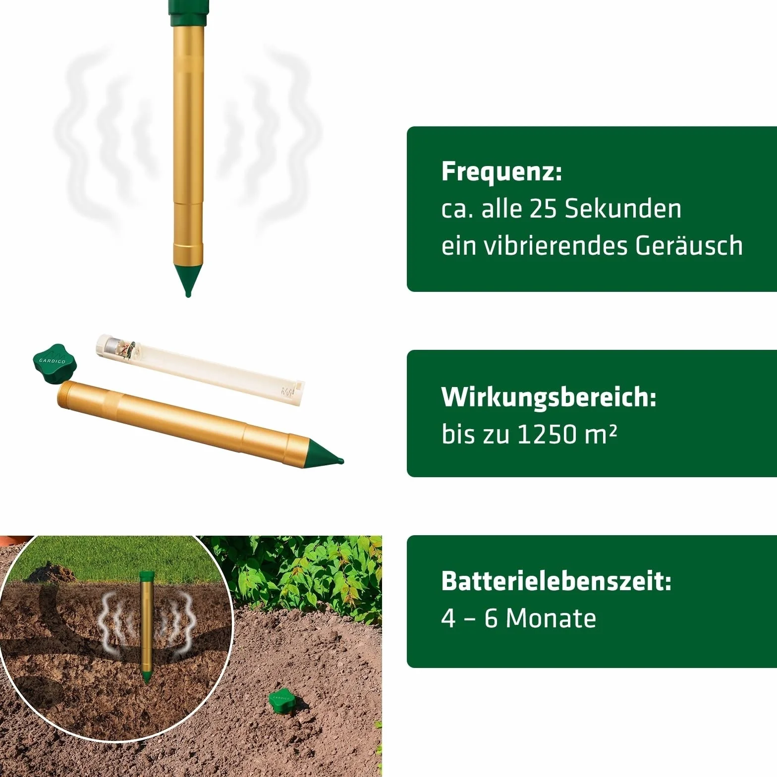 Gardigo® Vibrasonic odstraszacz kretów i mrówek, odstraszacz kretów z silnikiem wibracyjnym, zmieniające się częstotliwości, ok. 1250 m², odstraszacz norników do ogrodu, zasilany bateriami