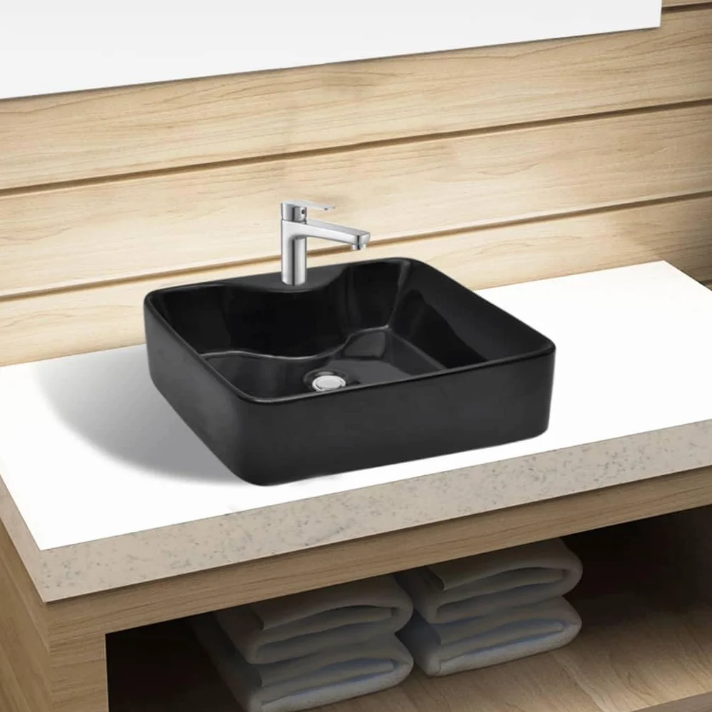 vidaXL Ceramiczna umywalka z otworem na kran, prostokątna, czarna