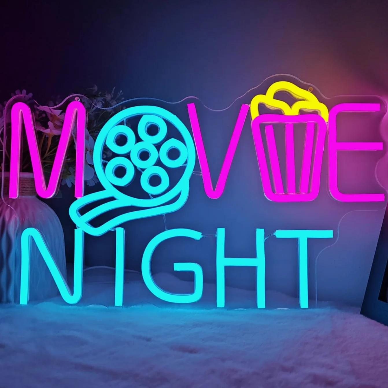 Neonowy znak filmowy, kino, LED, możliwość przyciemniania, pudełko z papieru popcornowego, neonowy znak, do dekoracji ścian, świateł kinowych, pokoju filmowego, kina, na imprezę, prezent urodzinowy