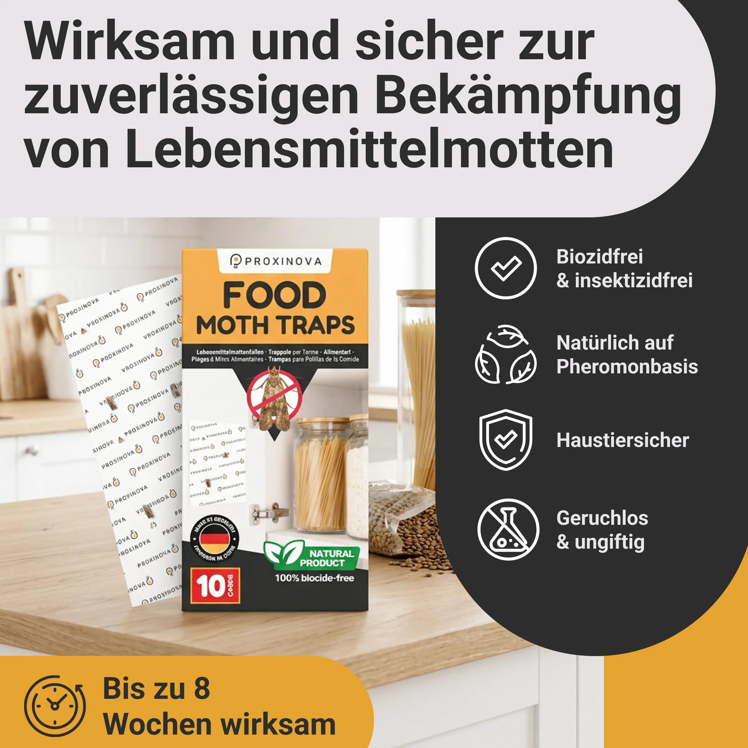 Pułapki na mole spożywcze – łapie mole i feromony owady pokarm dla dyskretnej kuchni, nietoksyczna do 3 miesięcy - Biocide Free - 12 kart - Made in Germany