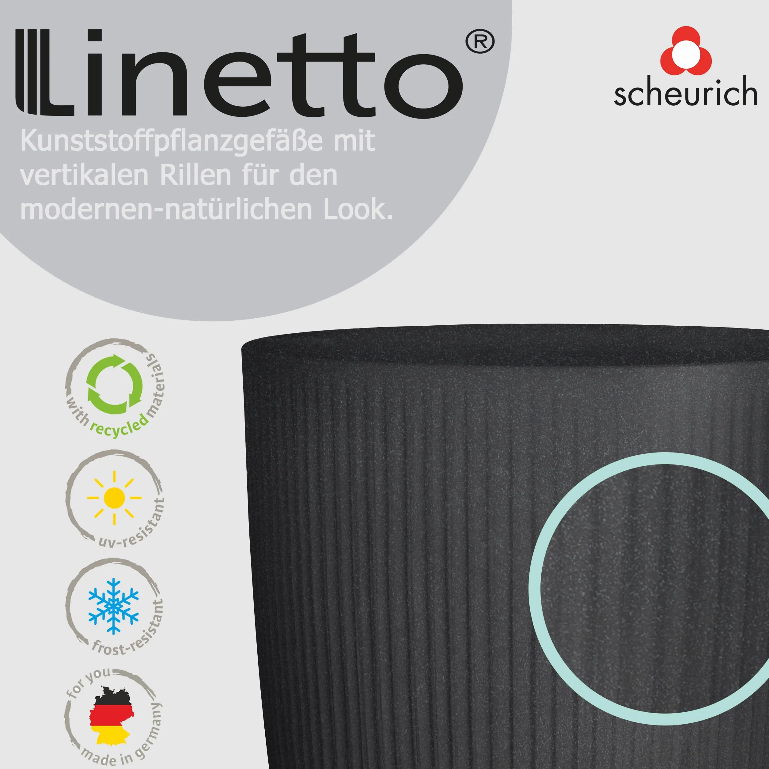 Scheurich Linetto Bowl 30, doniczka na rośliny, okrągła, kolor: Stony Black, wyprodukowana z tworzywa sztucznego pochodzącego z recyklingu, do użytku na zewnątrz
