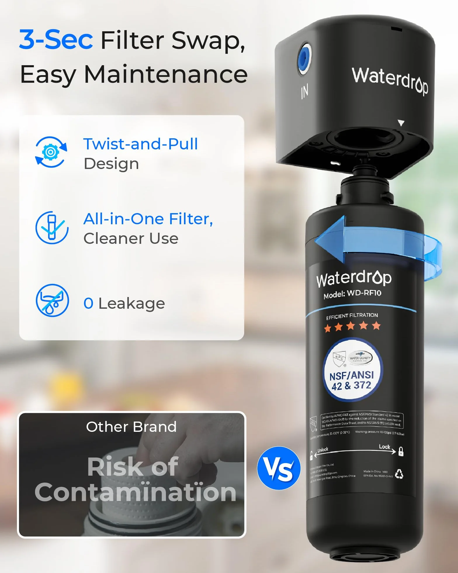 Waterdrop 10UA Podblatowy System Filtrów do Wody, Bezpośrednie Podłączenie do Baterii Kuchennej, Wysoka Wydajność Redukcji chloru 30000 Litrów, USA Tech