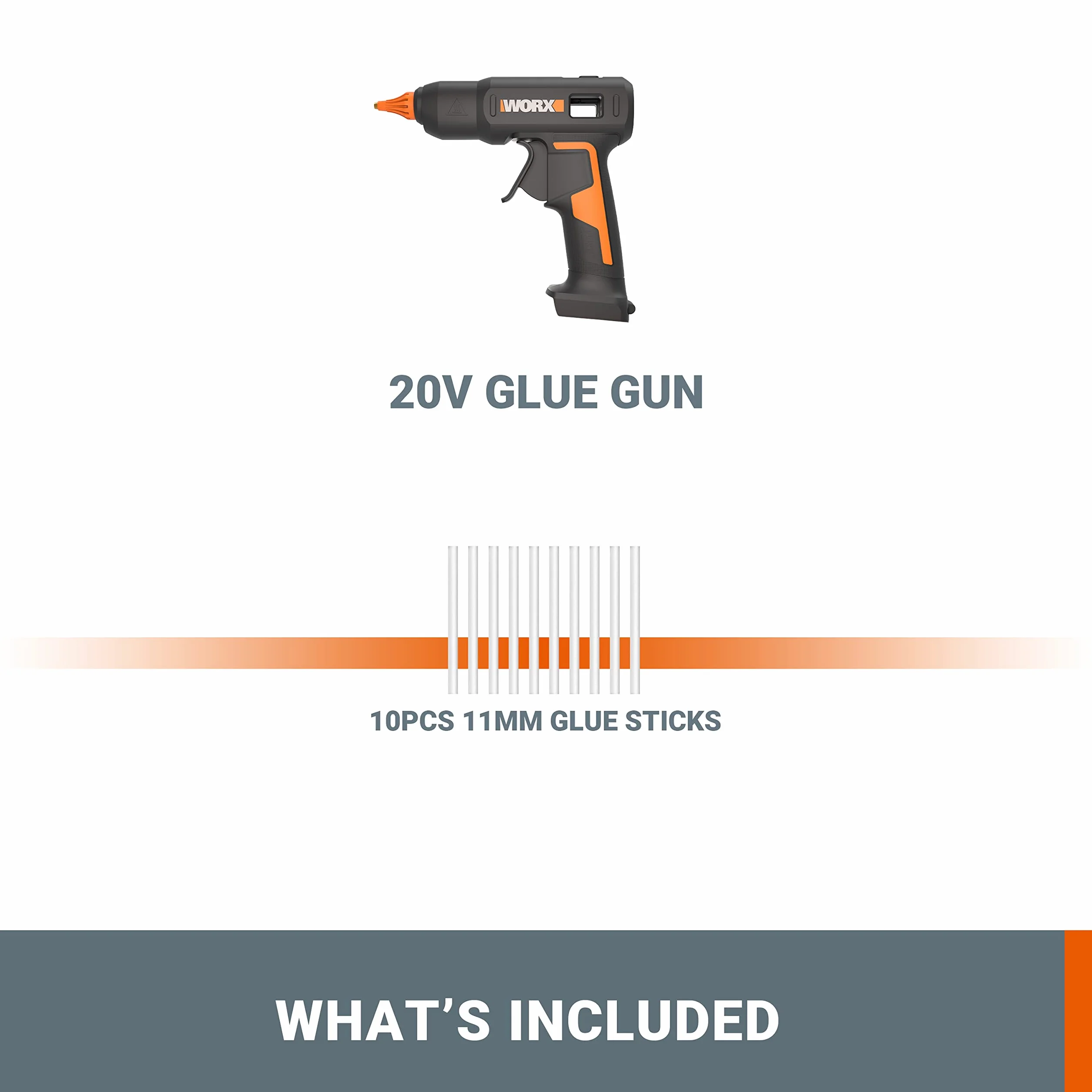 WORX 18V(20V MAX) Pistolet do Klejenia na Gorąco WX045.9, PowerShare, 60W, MAX 200 ℃, Anty-kapania, z 10*Klej, bateria i ładowarka Nie wchodzą