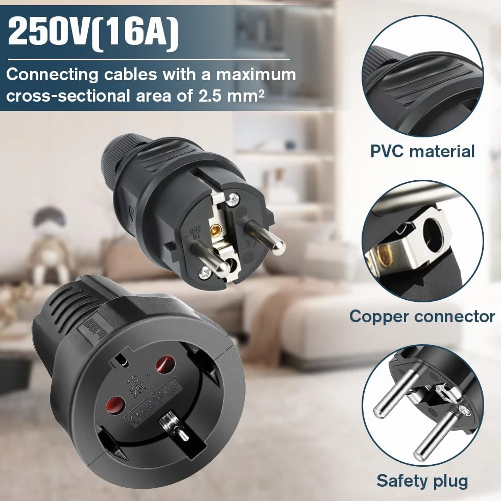 AXFEE 1 x wtyczka męska + 1 x wtyczka żeńska, 250 V 16 A gniazdo wtykowe wpuszczane, gumowa wtyczka P44, trwała i odporna na uszkodzenia, do użytku wewnątrz i na zewnątrz, czarna