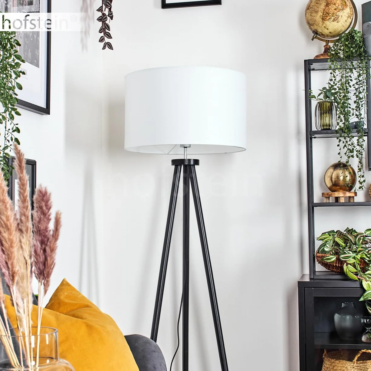 Felmming lampa stojąca, lampa podłogowa z drewna/tkaniny w kolorze czarnym/białym, lampa w skandynawskim designie z okrągłym kloszem (Ø 50 cm) i włącznikiem nożnym, wysokość 155 cm, 1x E27 bez żarówki