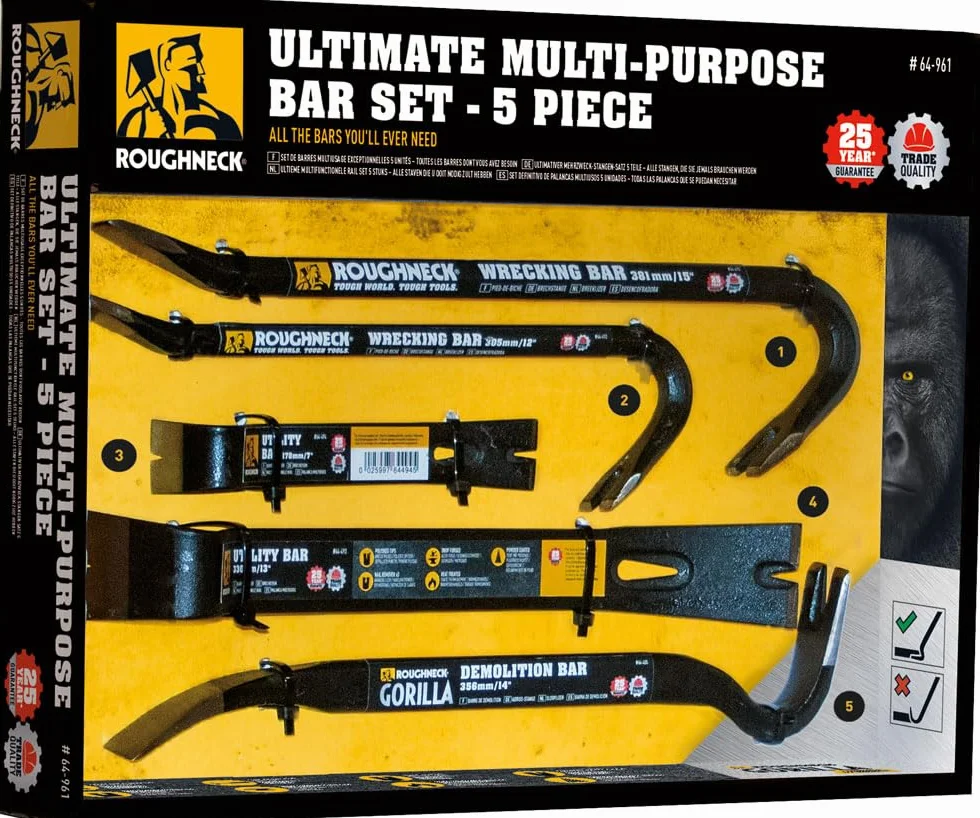 Roughneck ROU64961 Ultimate wielofunkcyjny zestaw barów - 5-częściowy zestaw zawiera: pręt użytkowy (7 cali i 13 cali), pręt do wraku (30 cm i 38 cm) i bar gorilla (14 cali)