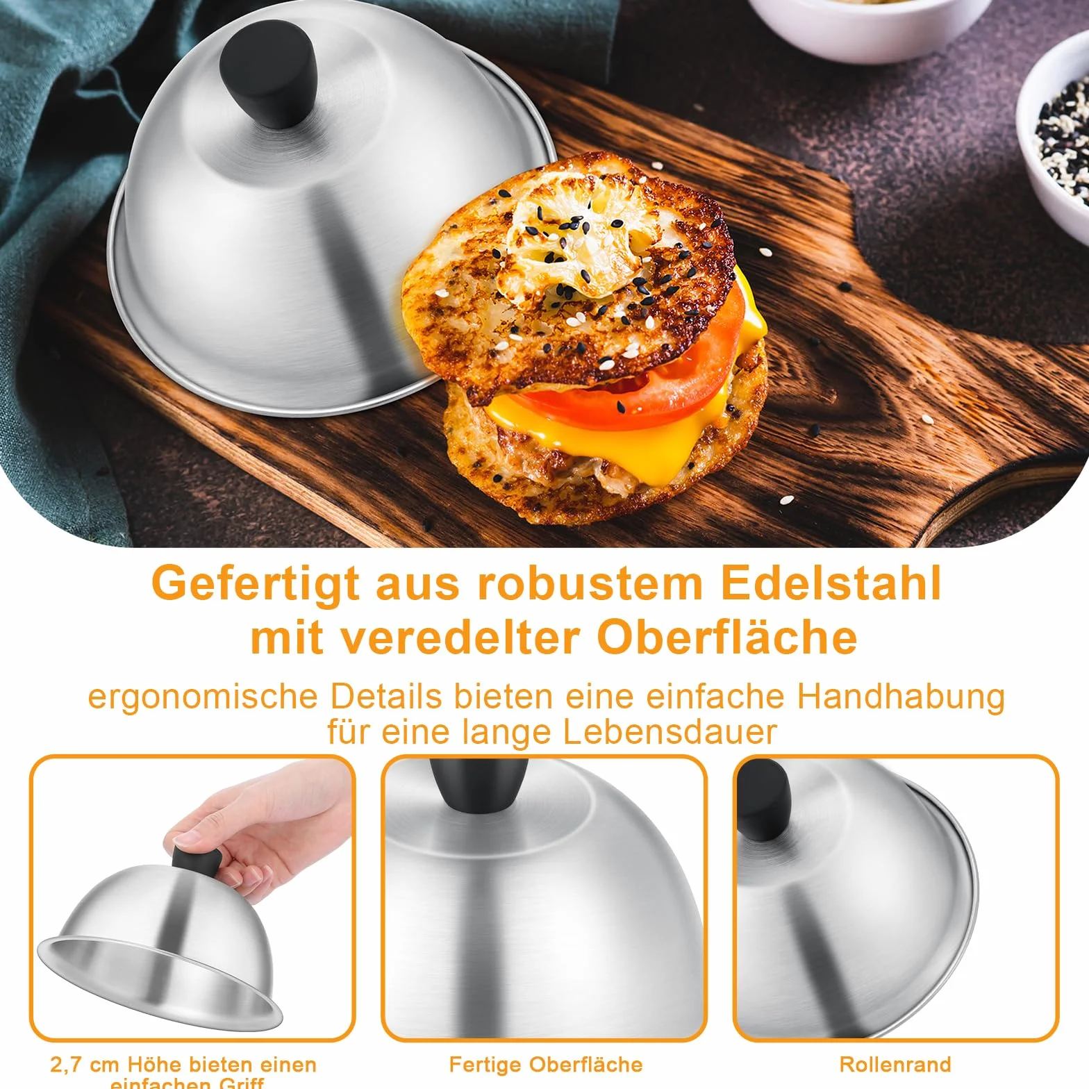 TEAMFAR Dzwonek do burgerów, 4 sztuki ze stali nierdzewnej, dzwonek do grilla z okładziną z silikonu odpornego na ciepło, małe dzwonki do burgerów do grilla teppanyaki i kuchni, do użytku wewnętrznego