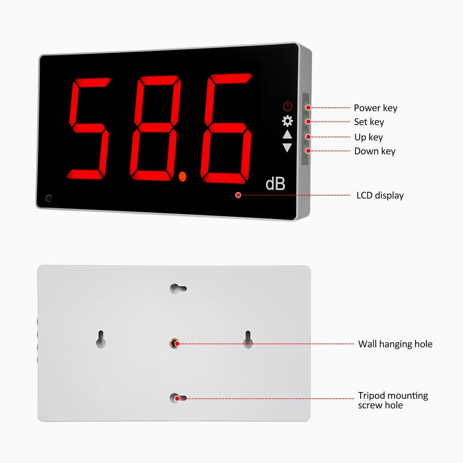 Miernik decybeli, Miernik poziomu dźwięku LCD do montażu na ścianie cyfrowy miernik hałasu decybeli Tester monitorowania poziom przyrząd pomiaru 30-130dB