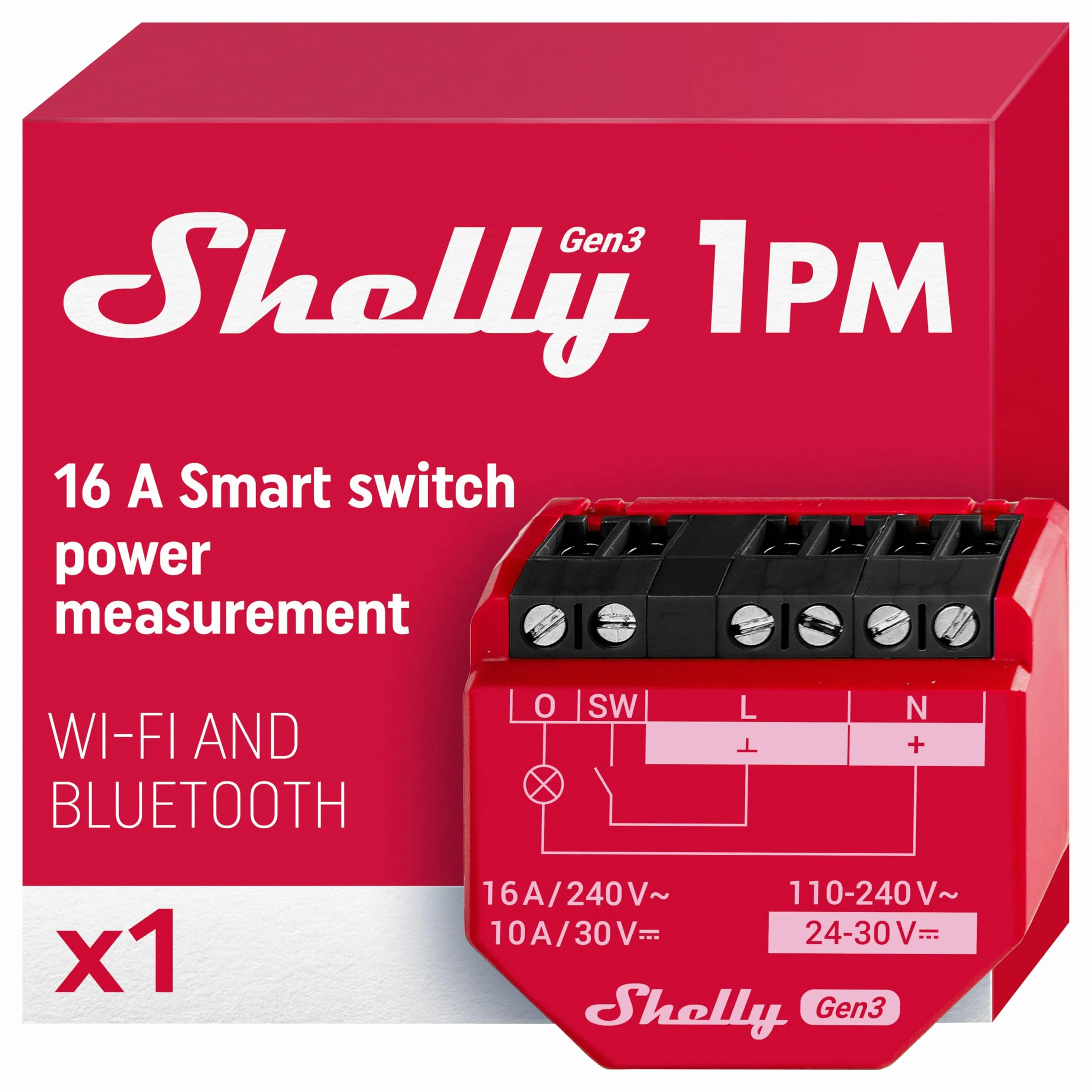 Shelly 1PM Gen3- Inteligentny przekaźnik Wi-Fi i Bluetooth z pomiarem mocy, 1-kanałowy 16A, Automatyka domowa, Alexa i Google Home, iOS, Android, Bez Huba, Bezprzewodowa kontrola oświetlenia