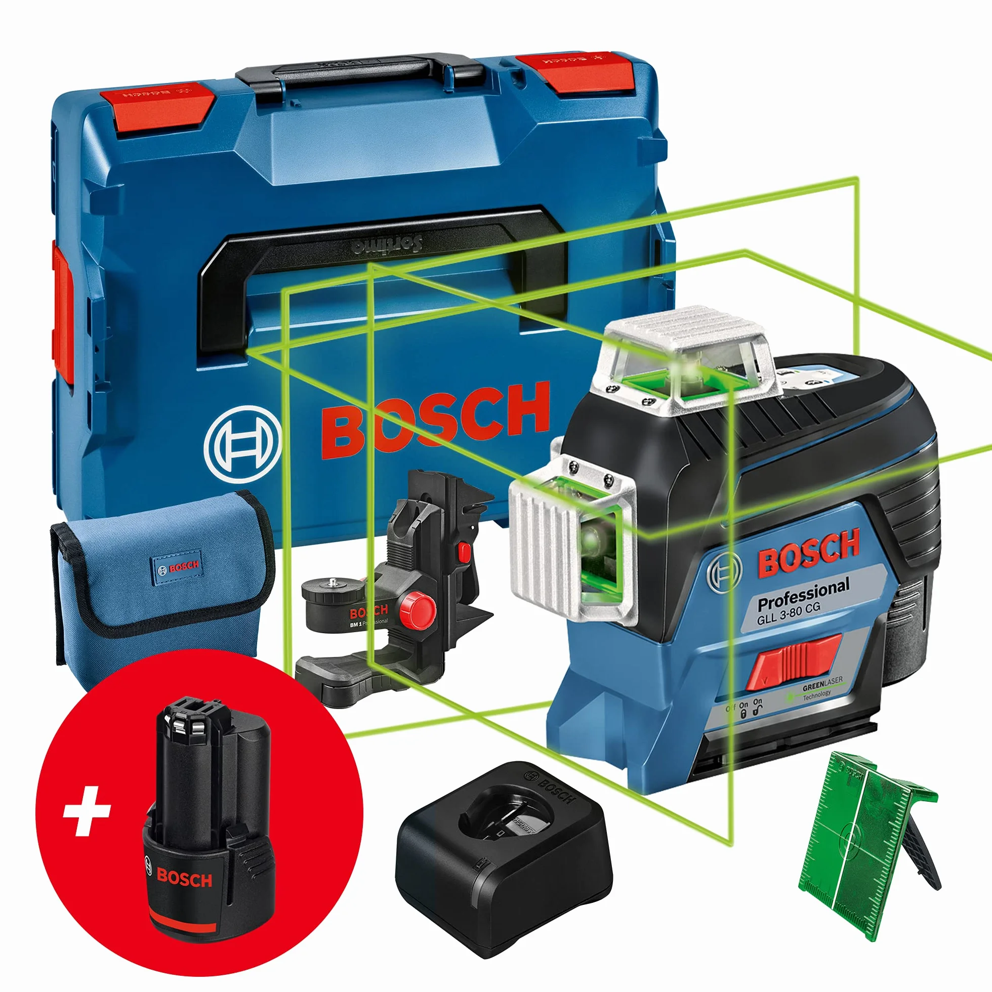 Bosch Professional system 12V: laser liniowy GLL 3-80 CG Set & Bosch Professional Statyw budowlany BT 150 do laserów i niwelatorów