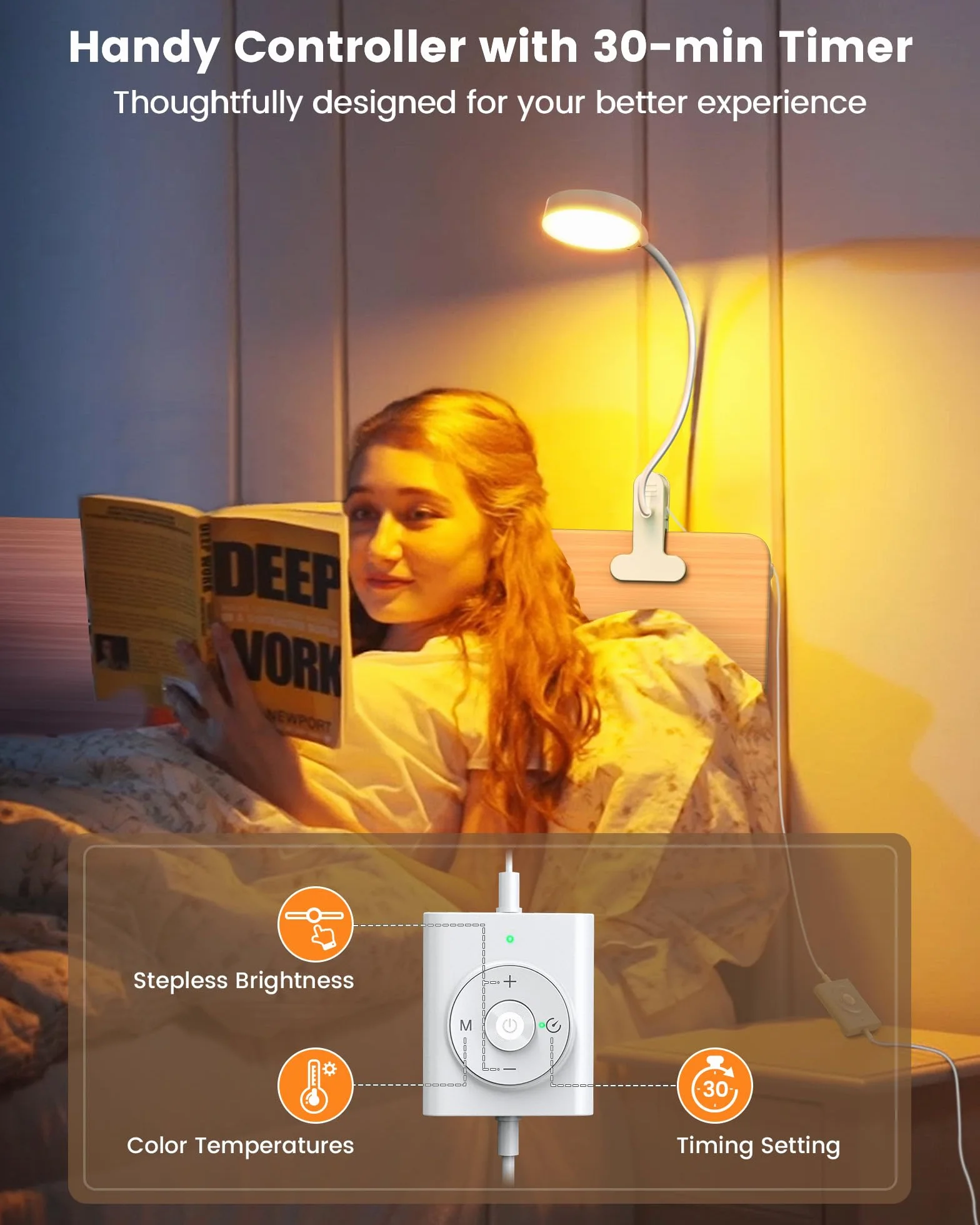 Glocusent Lampa biurkowa LED 5 W z 36 koralikami, łabędzia szyja lampa do łóżka dla 3 kolorów i 5 jasności, CRI 90, idealna lampa do czytania (biała z adapterem)