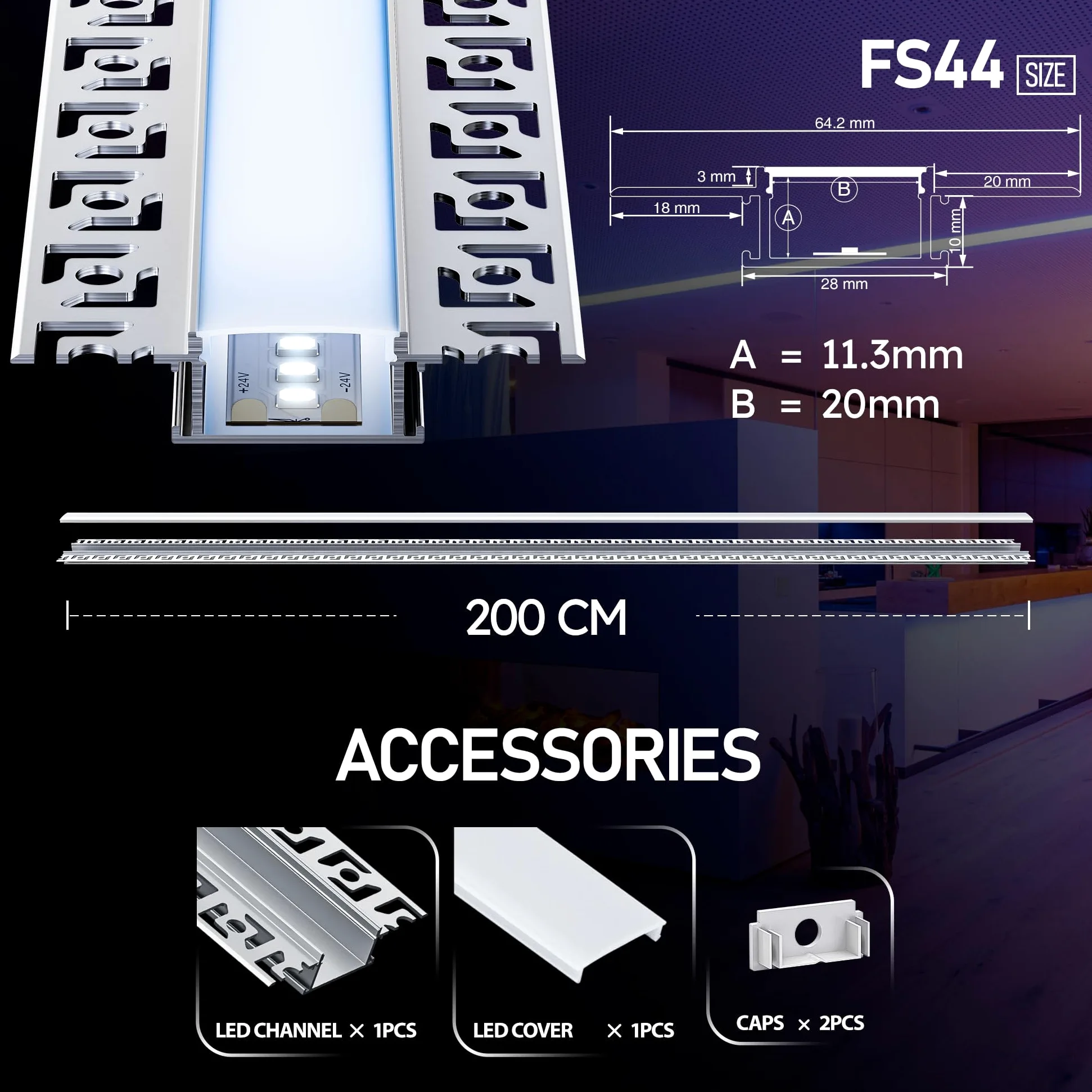 Shine Plus Zestaw 6 profili LED na sucho 2M, profil aluminiowy do taśm LED, wpuszczana szyna LED z dyfuzorem, idealna do oświetlenia sufitowego i ściennego
