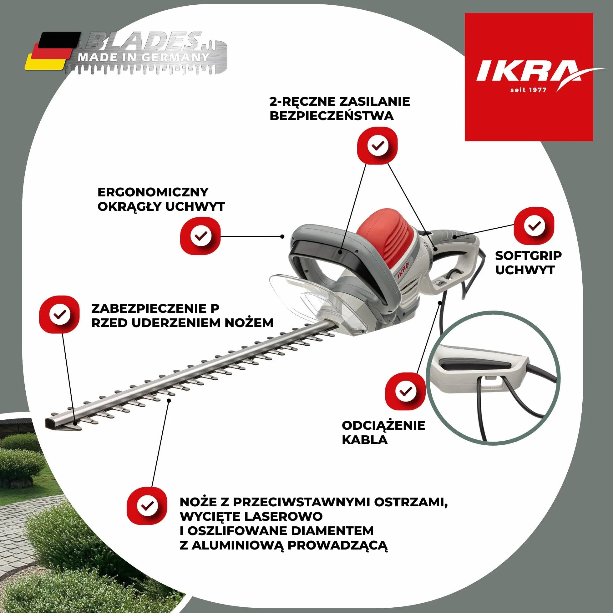 IKRA nożyce do żywopłotu elektryczne IHS 650 650W 55cm 22mm 180° uchwyt skrętny
