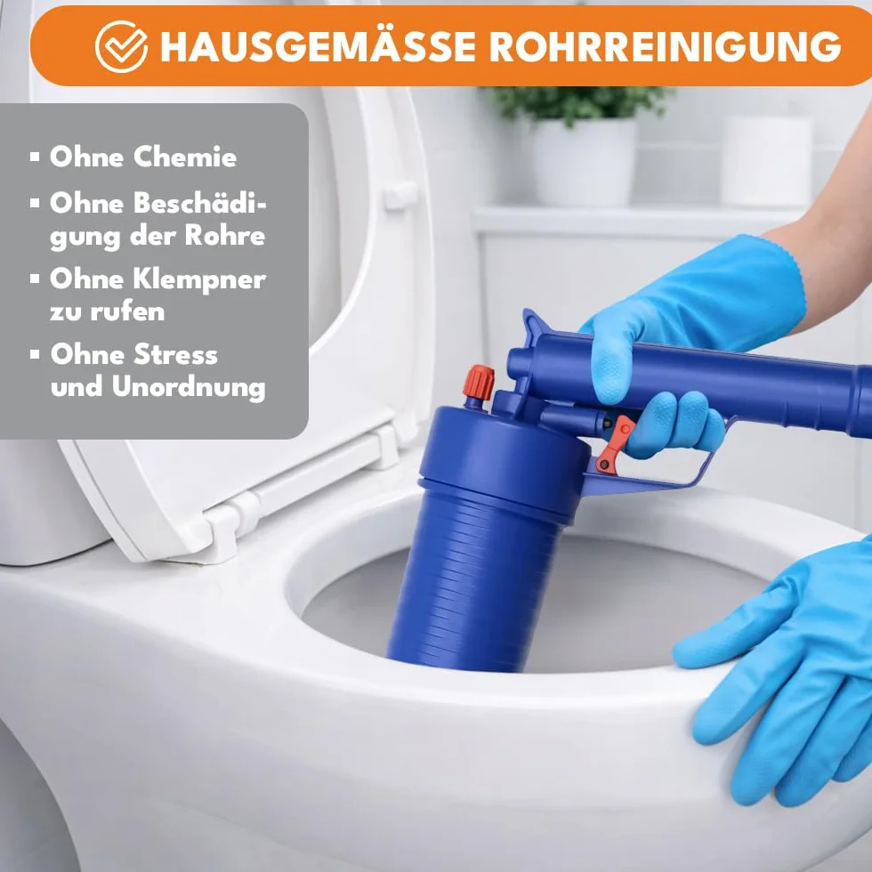 KRUMAD – pistolet do czyszczenia odpływów sprężonym powietrzem, do toalet, odpływów i pryszniców, z nasadkami, bez środków chemicznych, ręczny