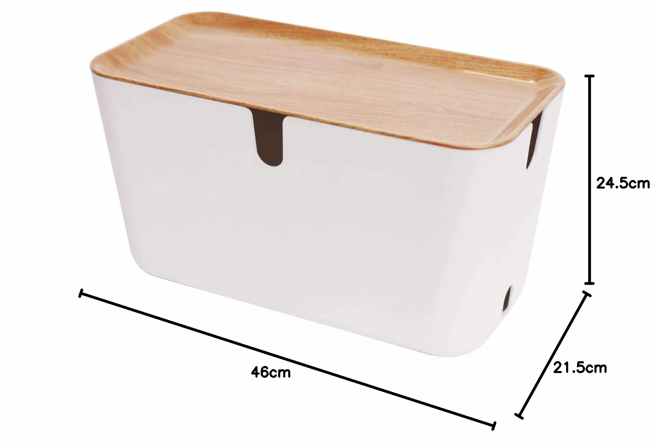 Pudełko do zarządzania kablami – organizer na kable XXL białe i naturalne drewno – 46 x 21,5 x 24,5 cm. Trudnopalne tworzywo sztuczne. Silikonowe nóżki antypoślizgowe.