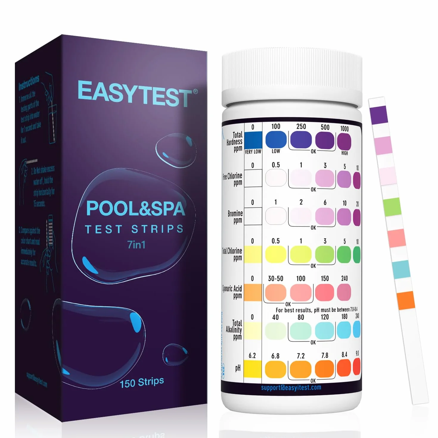 EASYTEST 7-drożne paski testowe do basenu, 150 pasków, testowanie chemiczne wody do wanny z hydromasażem i spa, dokładny test bromu, zasadowość całkowita, pH, wolny chlor, twardość całkowita, kwas