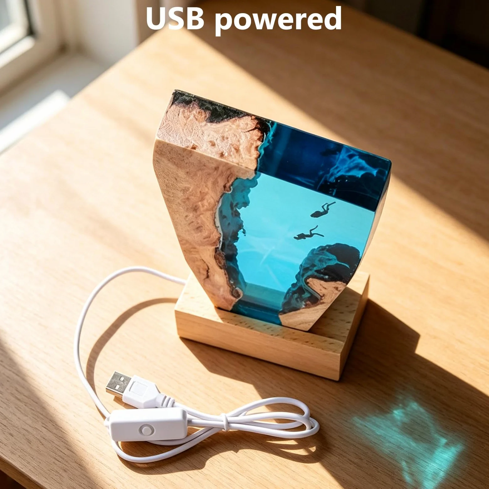 Lampka nocna, statuetka morska, dekoracja, lampa 3D, żywica epoksydowa, ocean, lampka nocna z kablem USB i drewnianą podstawą, do domu, biura, dekoracja na Boże Narodzenie, 18 x 11