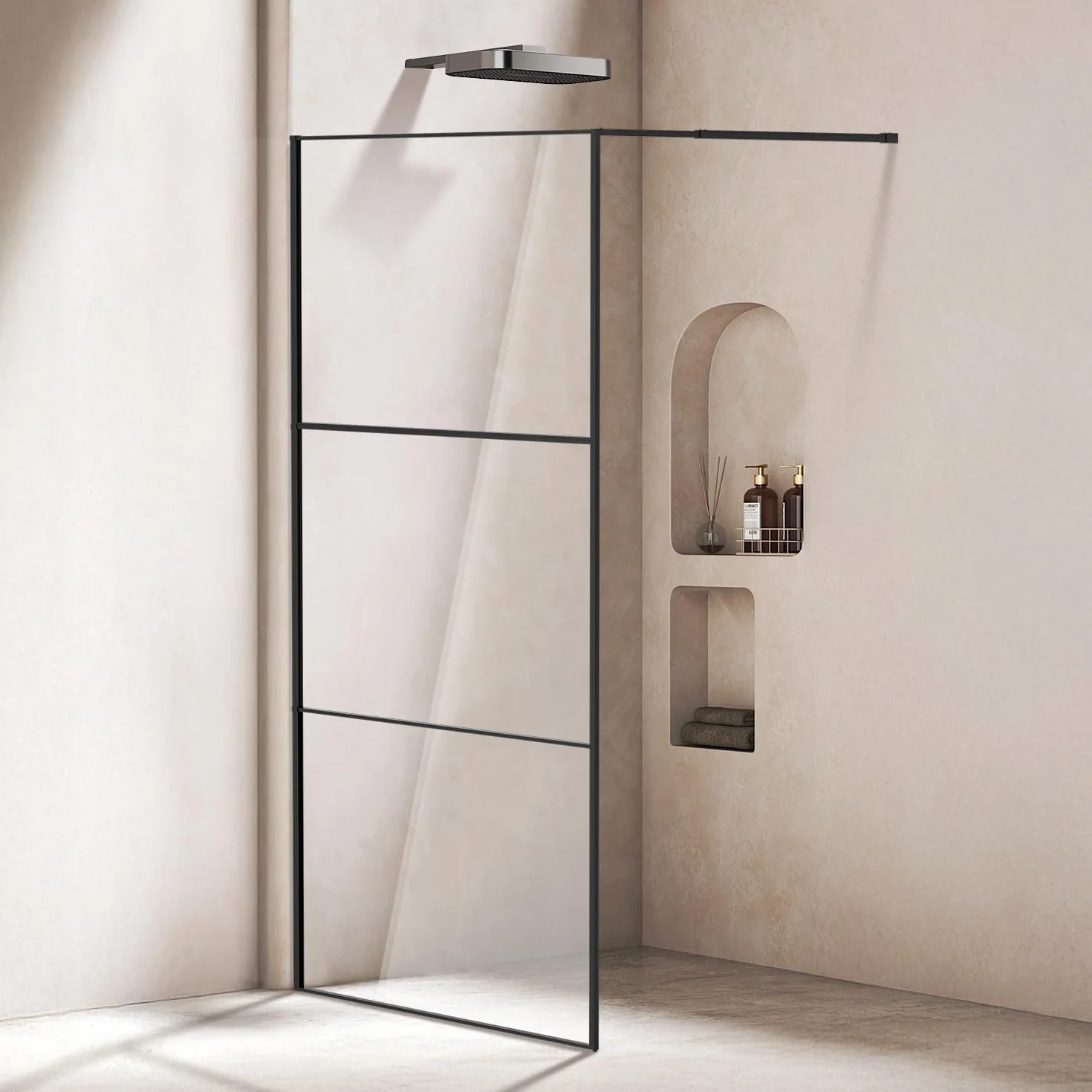 Kabina prysznicowa Walk-In 100 x 200 cm, czarna matowa, trzyczęściowa konstrukcja ramy, szkło ESG 5 mm z ochroną przed odpryskami, elastyczny montaż po obu stronach, stabilna konstrukcja
