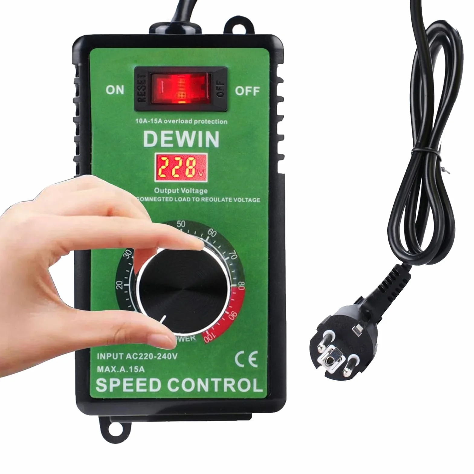 DEWIN Regulator prędkości obrotowej 230 V 15 A bezstopniowy sterowanie wentylatorem ochroną przed przeciążeniem