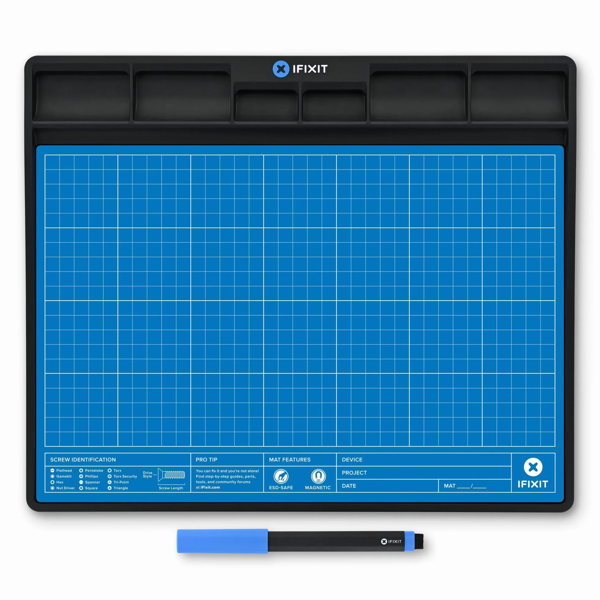 iFixit FixMat, magnetyczna mata robocza z przegródkami na śruby i komponenty do naprawy elektroniki, antystatyczna i do pisania, z długopisem | Do śrub i części zamiennych do naprawy elektroniki