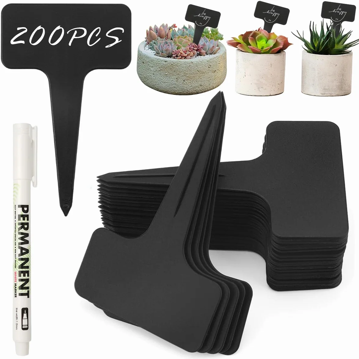 200 sztuk plastikowych tabliczek na rośliny, czarne, 10 x 6 cm, odporne na warunki atmosferyczne, wtyki do opisywania roślin z 1 markerem, tabliczki kwiatowe wielokrotnego użytku, do użytku na