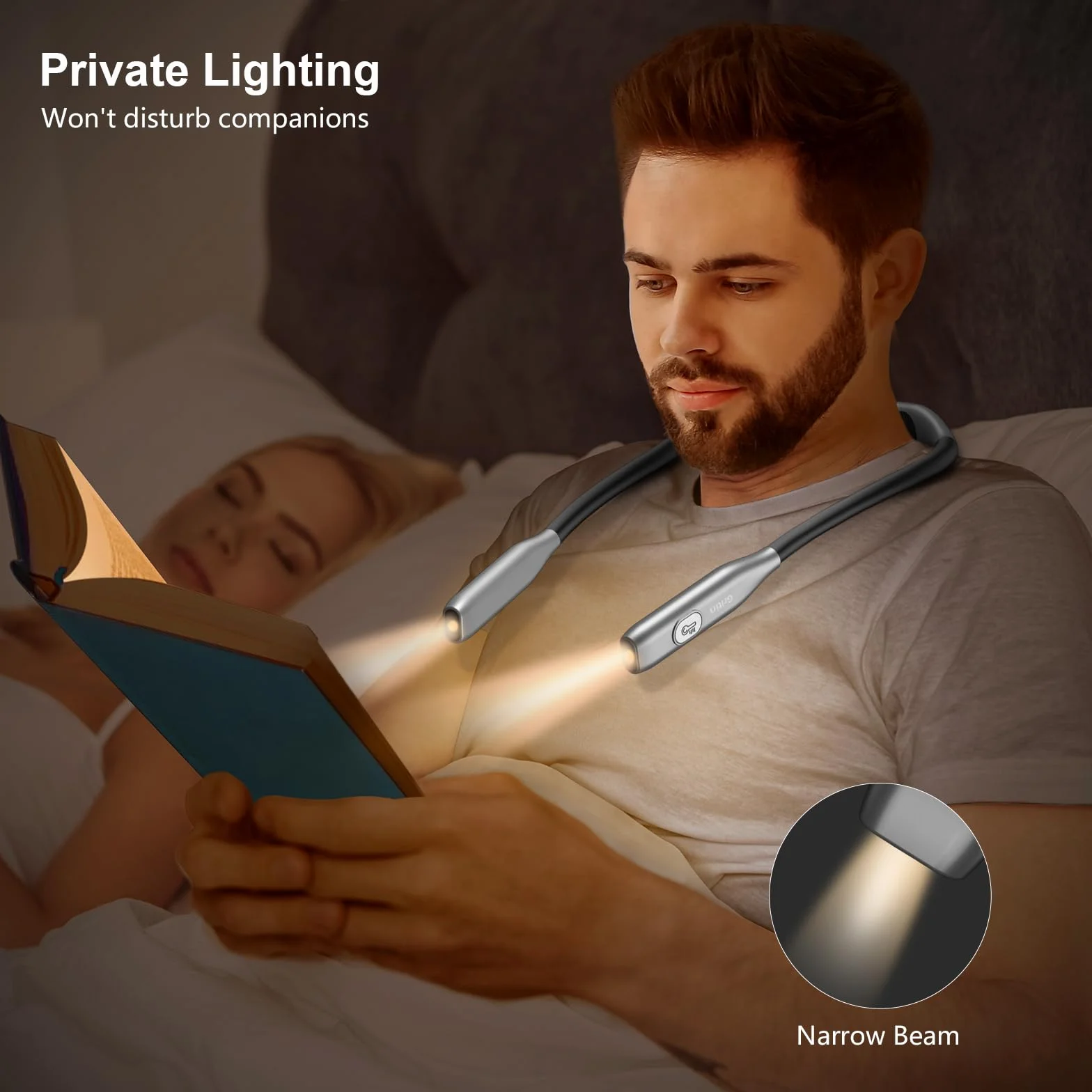Gritin Szyjna Lampka do Czytania, Ładowana Lampka Książek do Czytania w Łóżku w Nocy, Przyjazna dla Oczu 3 Kolory, Bezstopniowe Ściemnianie, Ergonomiczny Projekt Dopasowany Kształtu Szyi