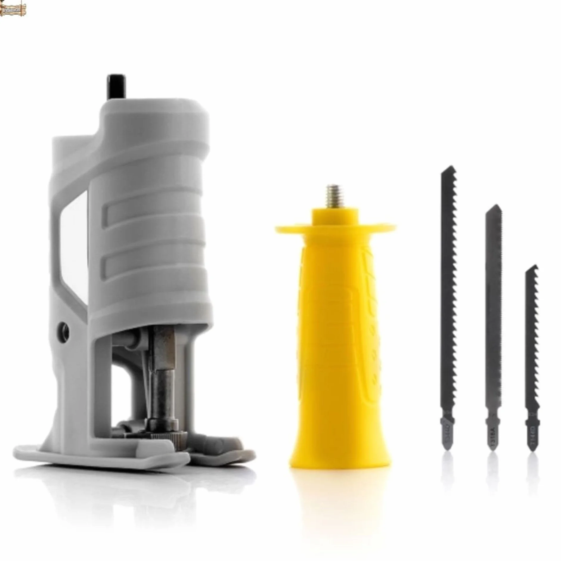 BricoLoco.com Akcesoria do wiertarki adapter wyrzynarki. Zamień wiertło w maszynkę. Zawiera trzy rodzaje arkuszy do PVC, metalu i drewna.