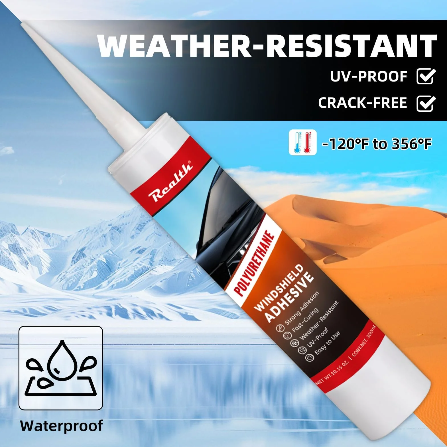 Realth Uszczelniacz szyb | Czarny uszczelniacz 100ml | Szybkie utwardzanie | Odporność na wysokie temperatury | Naklejka na szybę samochodową | Ciężarówki | Van i Autobusy