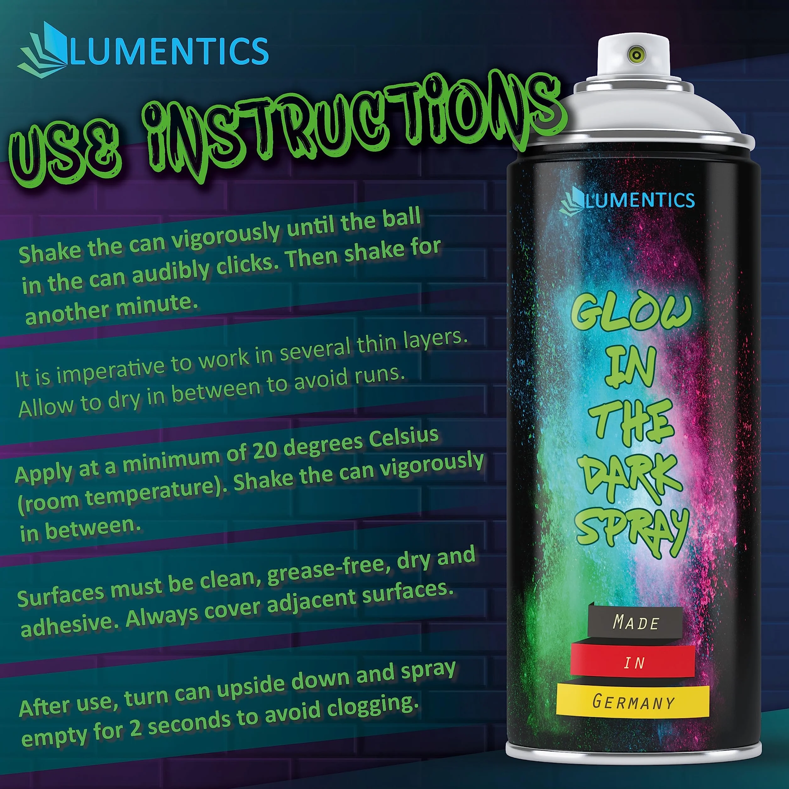 LUMENTICS Świecący spray naturalny niebieski – świecący w ciemności – Made in Germany – puszka sprayu 400 ml z dodatkową nasadką