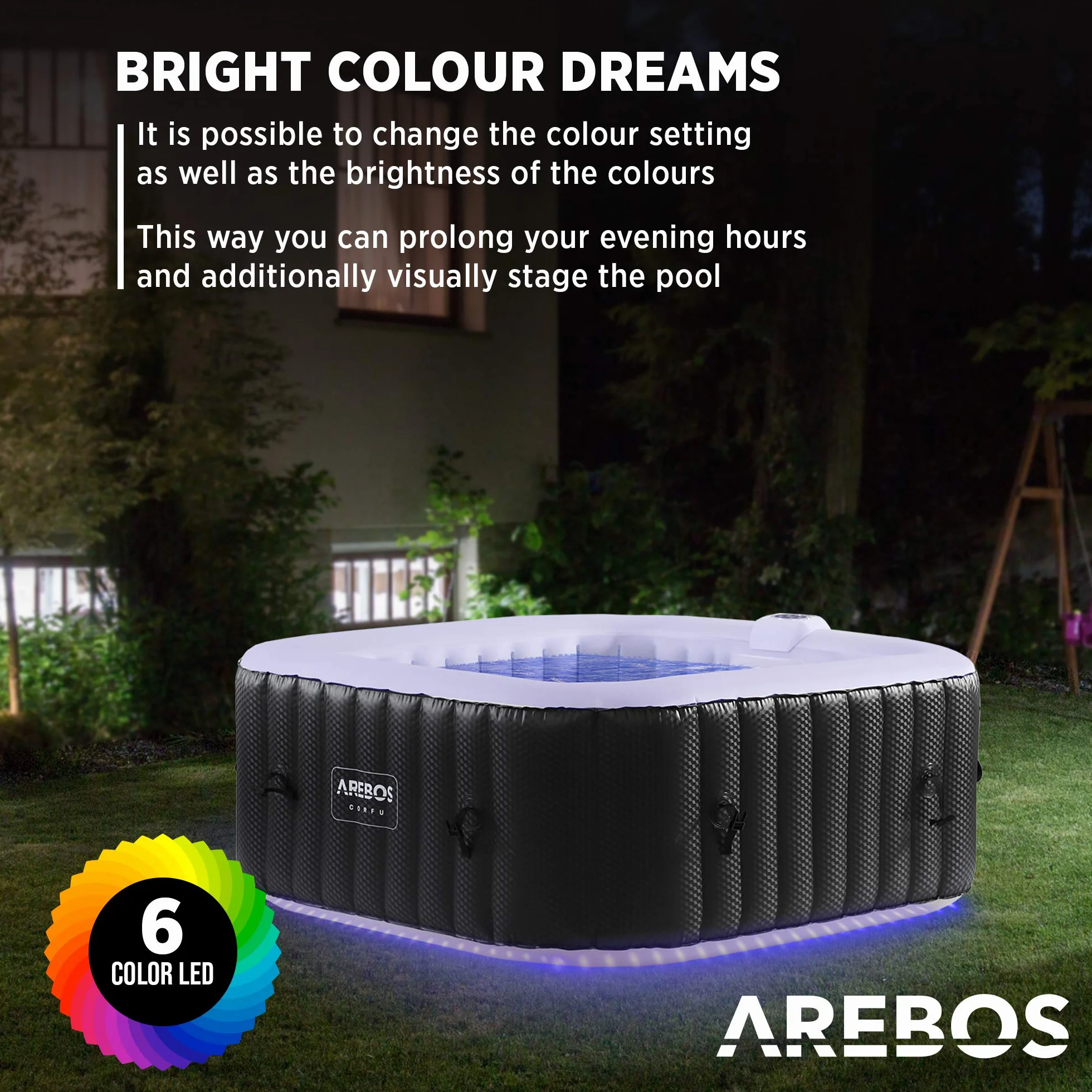 Arebos Nadmuchiwane spa z oświetleniem LED | Nadmuchiwane | do wnętrz i na zewnątrz | 154x154cm | 4 osoby | 130 dysz masujących | z ogrzewaniem | 600 litrów | z pokrywką | Spa i dobre samopoczucie