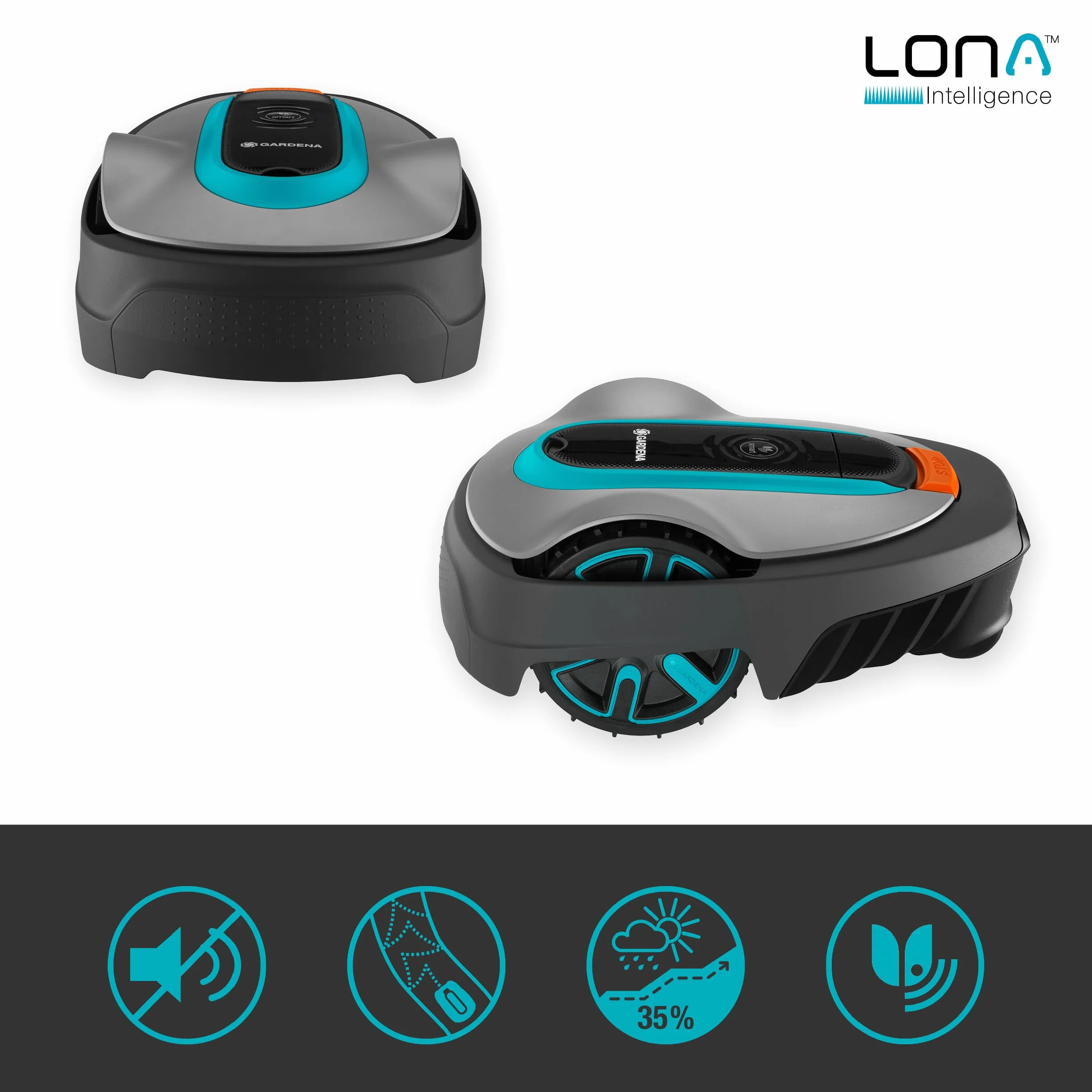 Gardena robot koszący SILENO city 500 m² LONA AI sterowanie aplikacją SensorControl zestaw