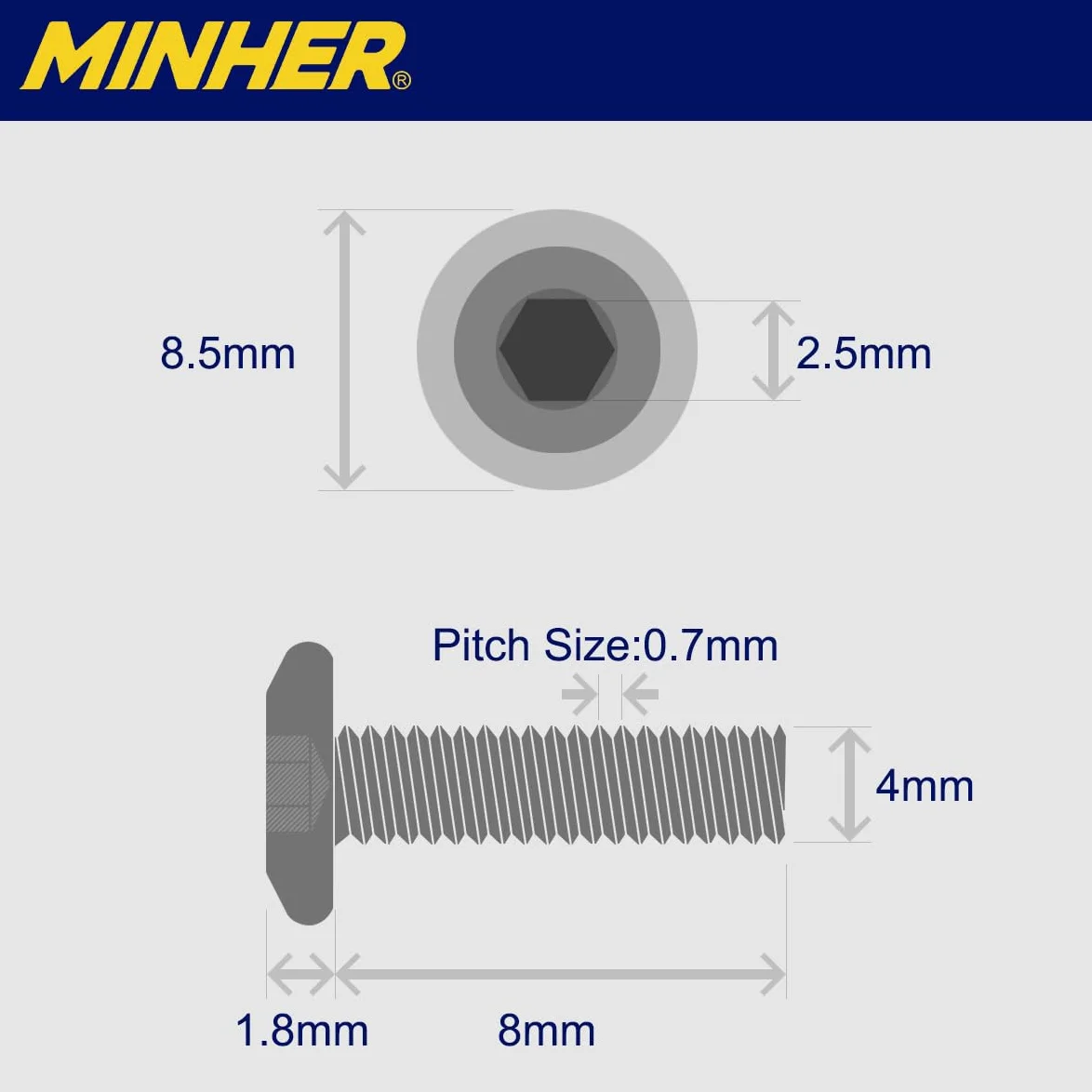 MINHER 10 zestawów śrub M4 x 8 mm, śruby z łbem płaskim, A2 V2A, stal nierdzewna, płaskie, sześciokątne, do mebli (z kluczem imbusowym)